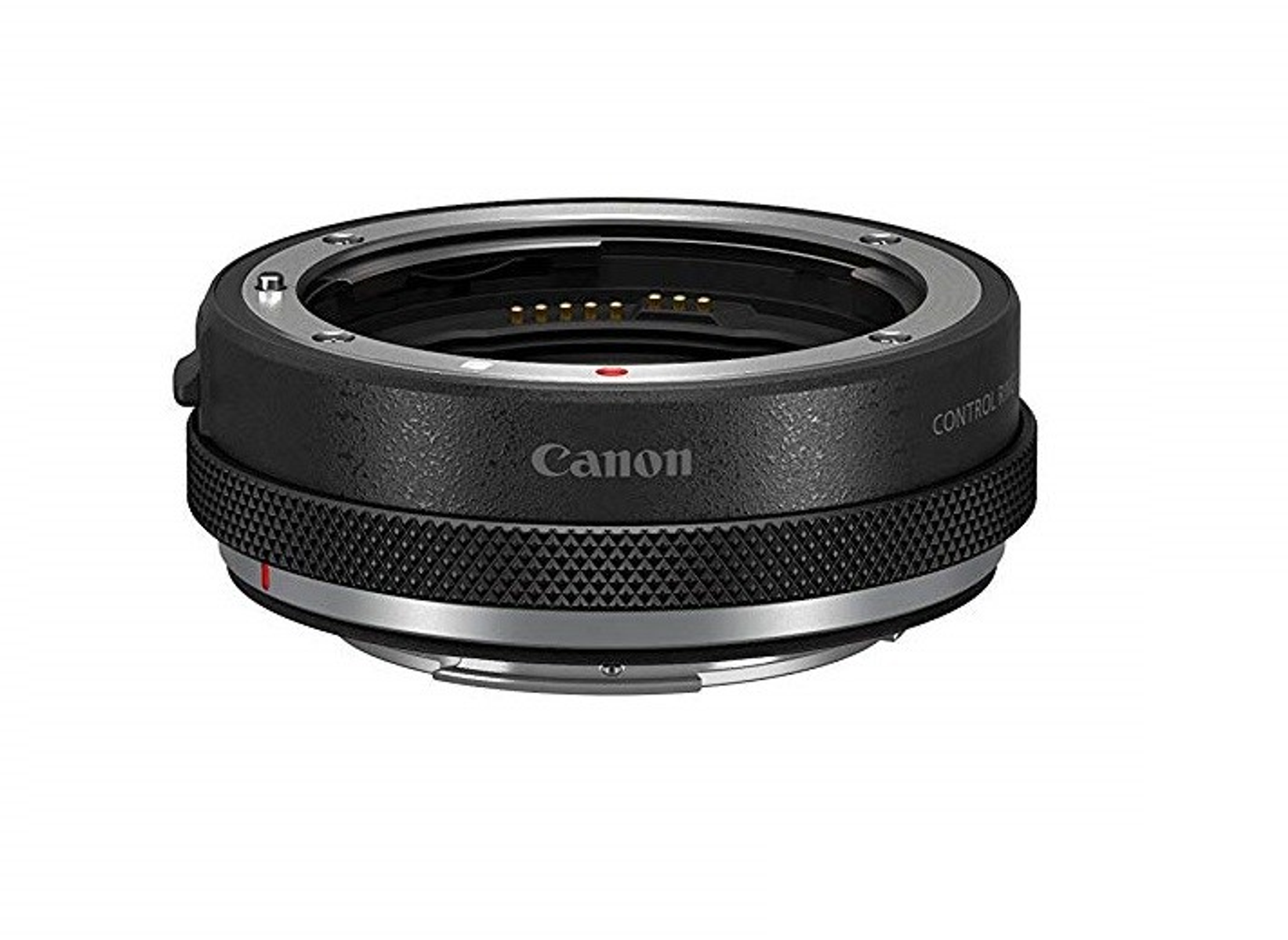Ein schwarzer Canon-Objektivadapter mit silbernem Ring und Canon-Logo, aus einem Winkel betrachtet.