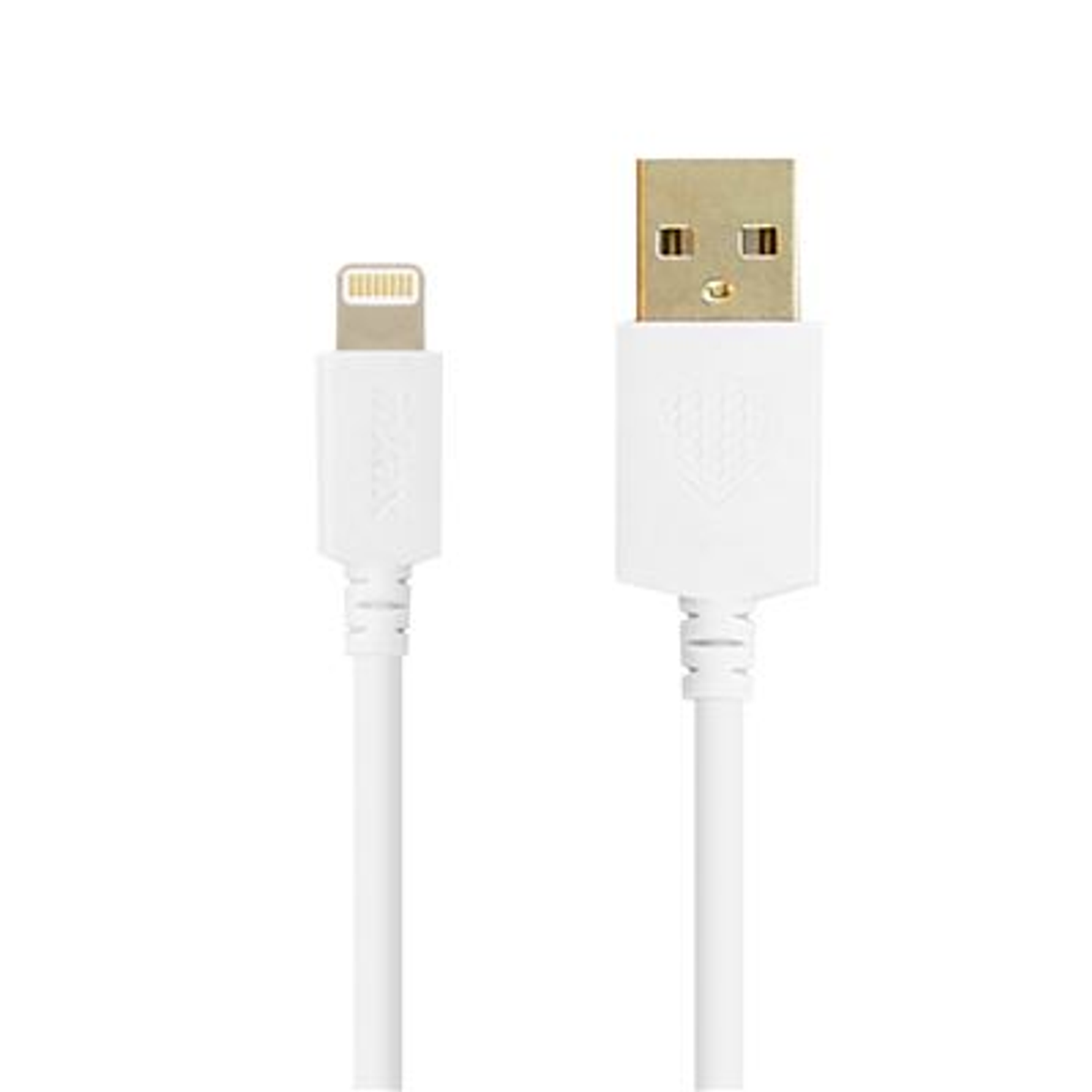 Cable USB a Lightning blanco. Conector Lightning a la izquierda, USB a la derecha.