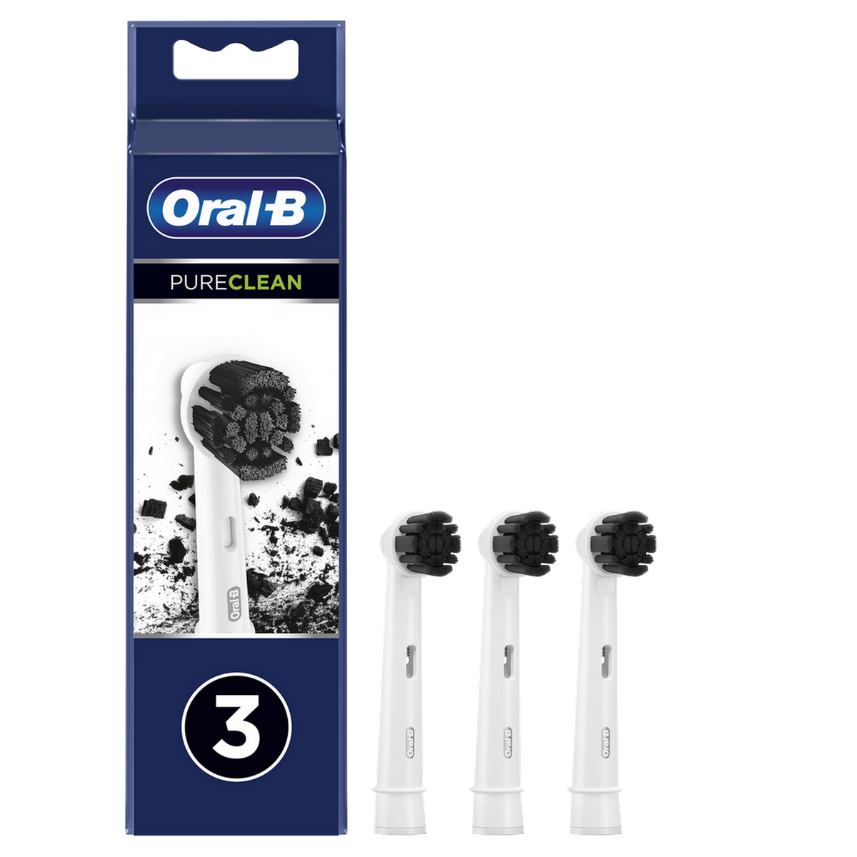 Cabezales de cepillo de dientes Oral-B PureClean, tres frente a una caja. Los cabezales son blancos con cerdas negras.