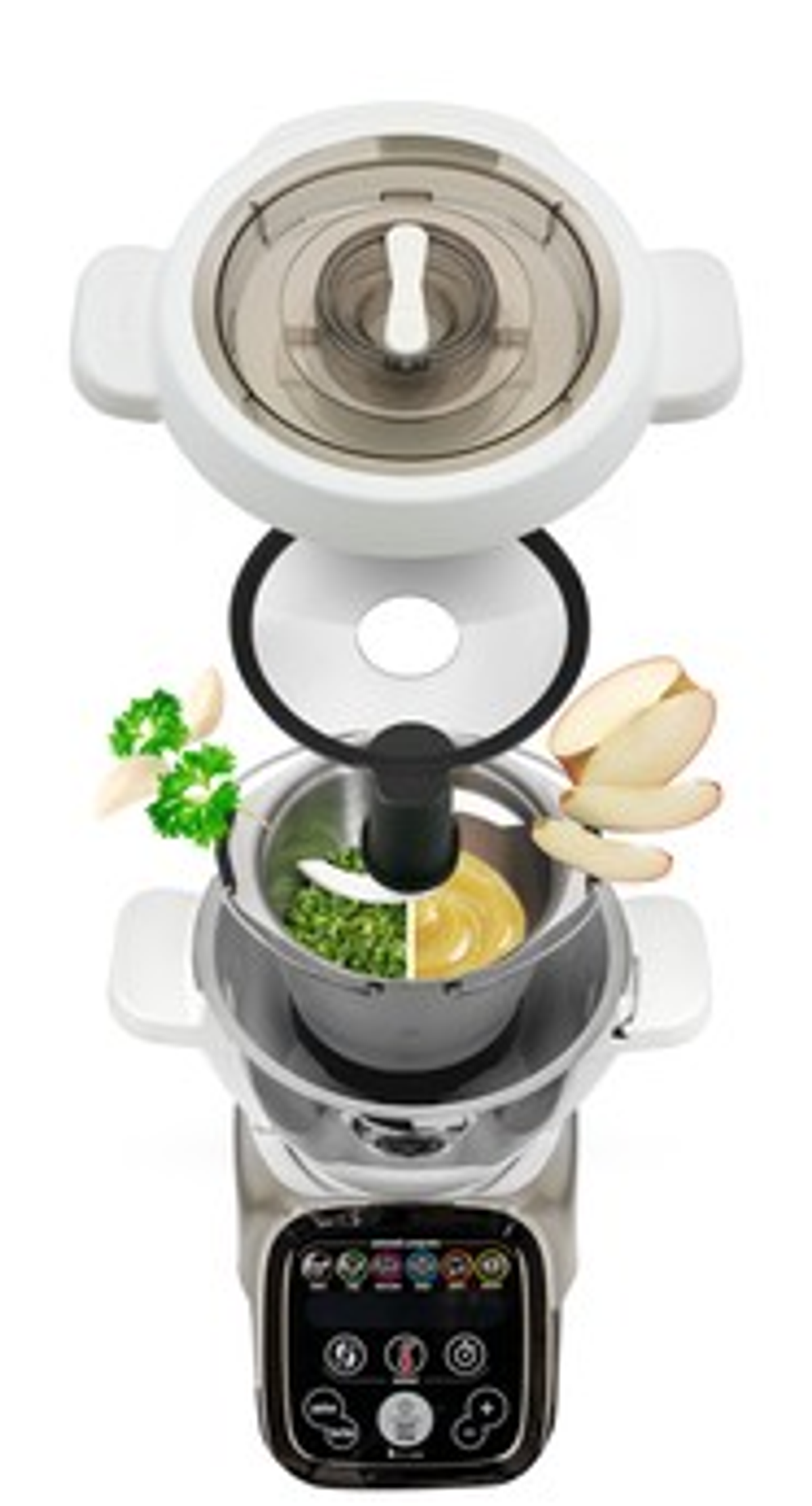 Zdemontowane urządzenie kuchenne. Widoczne jedzenie i komponenty. Białe tło.