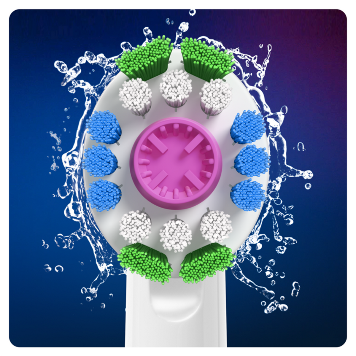 Una testina per spazzolino Oral-B con setole colorate ed effetti di spruzzi d'acqua.