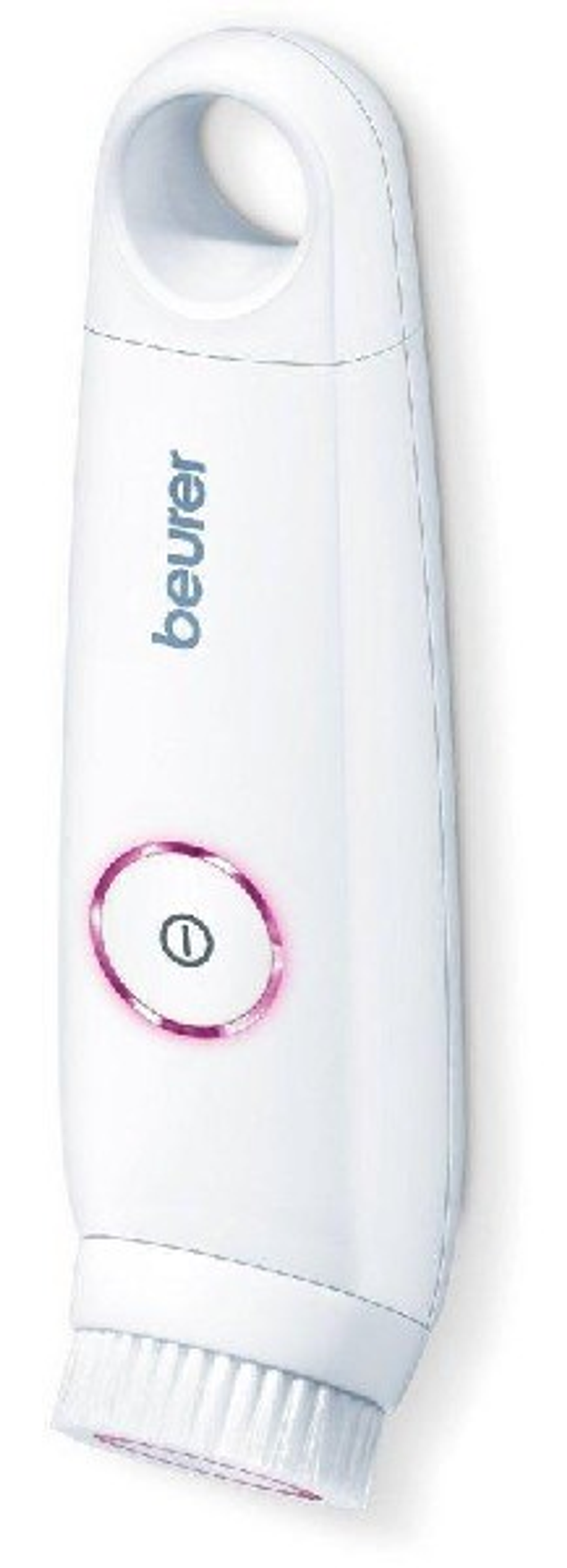 Biała szczoteczka do oczyszczania twarzy z różowym przyciskiem zasilania. Marka 'beurer' jest nadrukowana z boku.