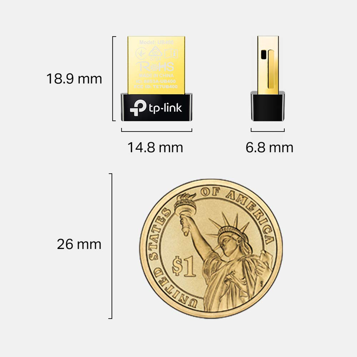 Adapter WiFi USB z monetą dolara dla porównania wielkości. Wymiary pokazane.