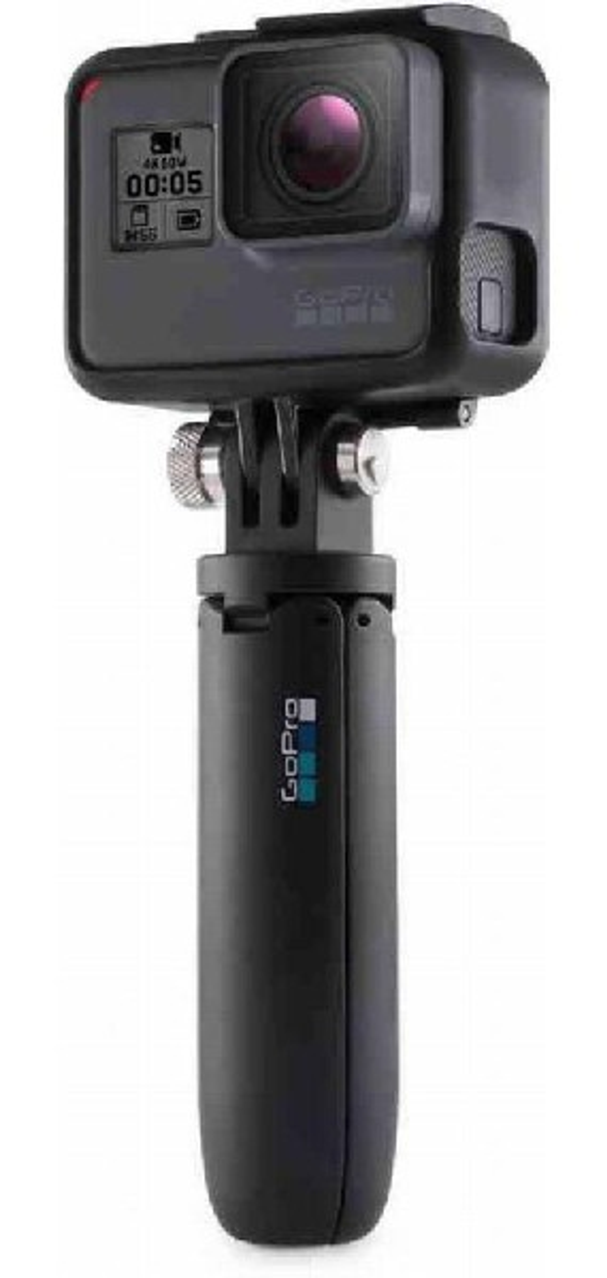 Czarna kamera GoPro przymocowana do czarnego uchwytu na białym tle.
