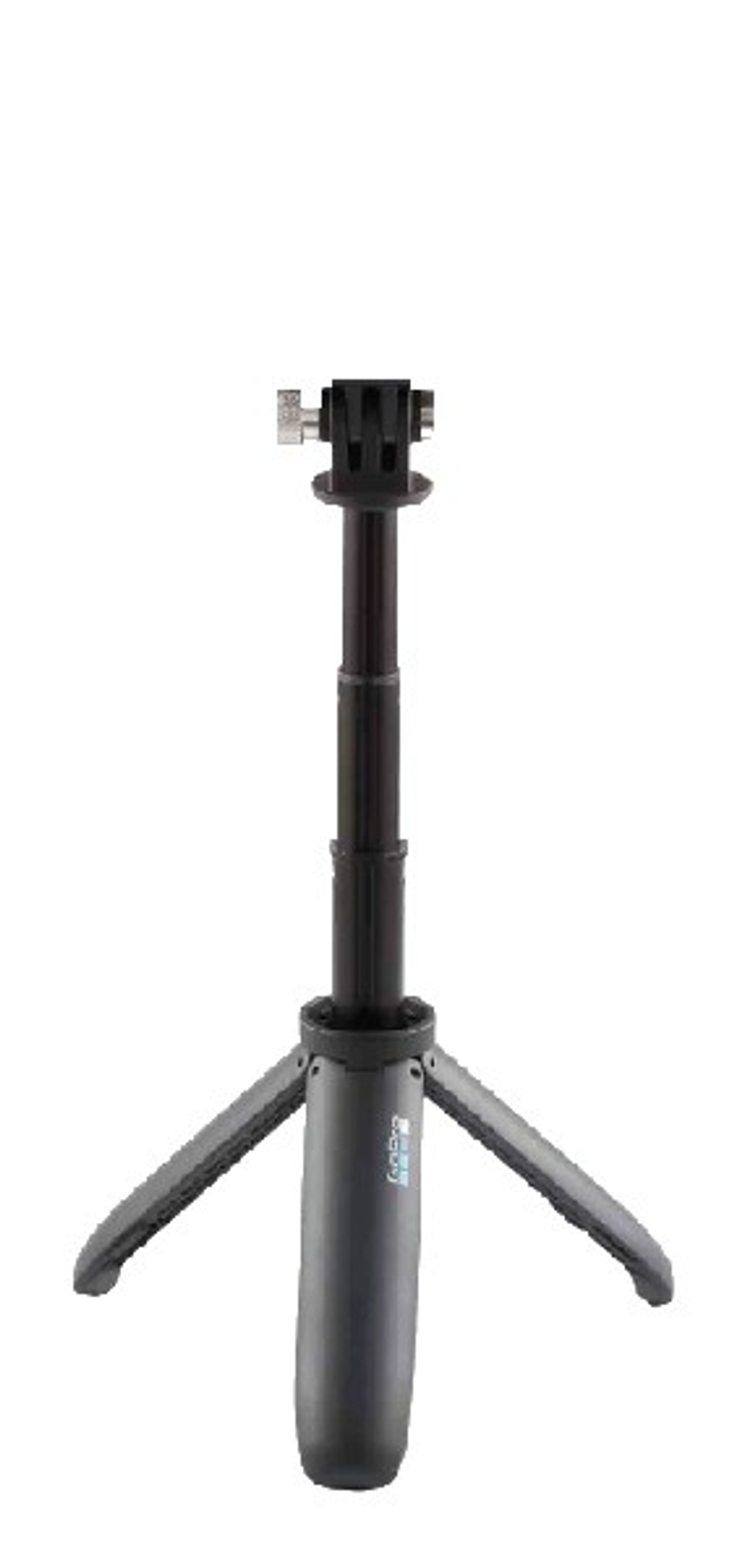Czarny statyw GoPro z trzema nogami, teleskopowym wysięgnikiem i mocowaniem kamery na górze.