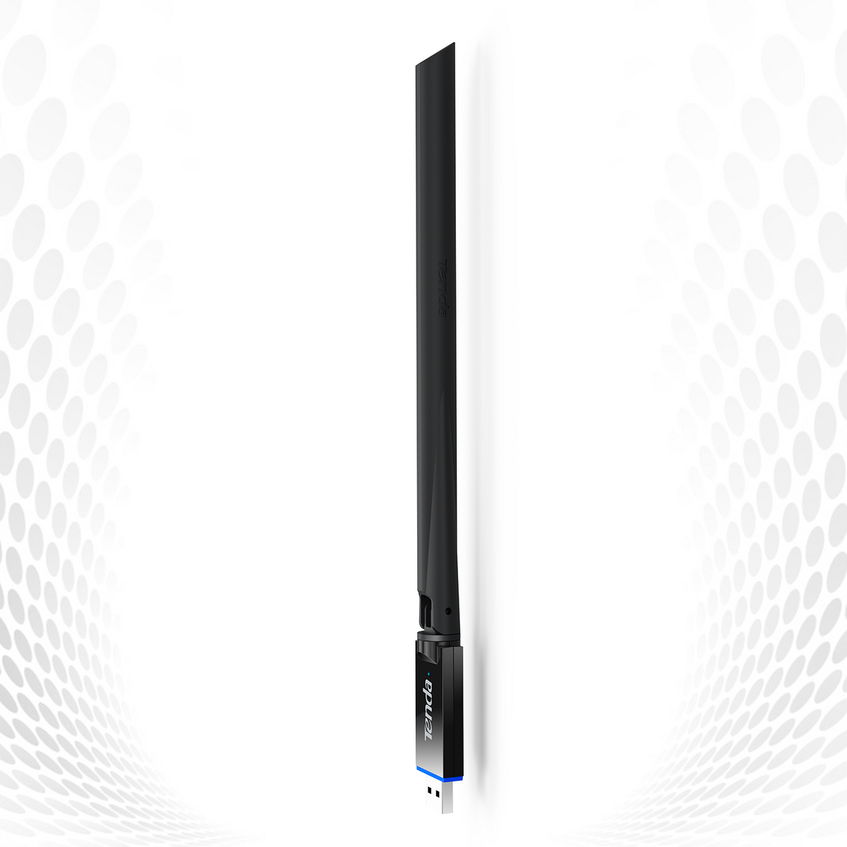 Czarny i niebieski adapter USB WiFi na białym tle z wzorem w kropki.