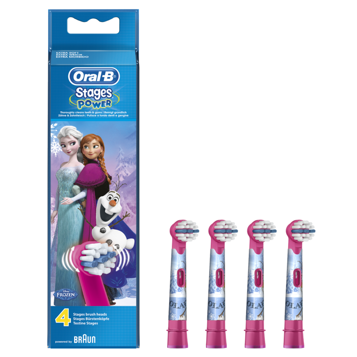 Główki szczoteczki do zębów Oral-B Stages Power, motyw Frozen, cztery różowe.