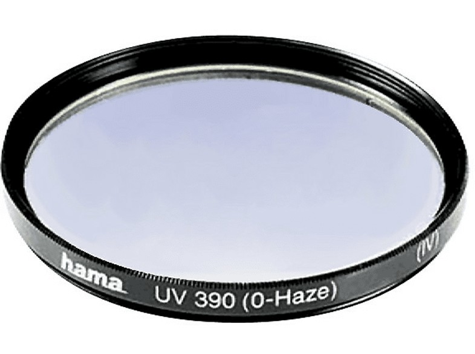 Un filtro UV circolare con bordo nero. Il testo 'UV 390 (0-Haze)' è visibile.