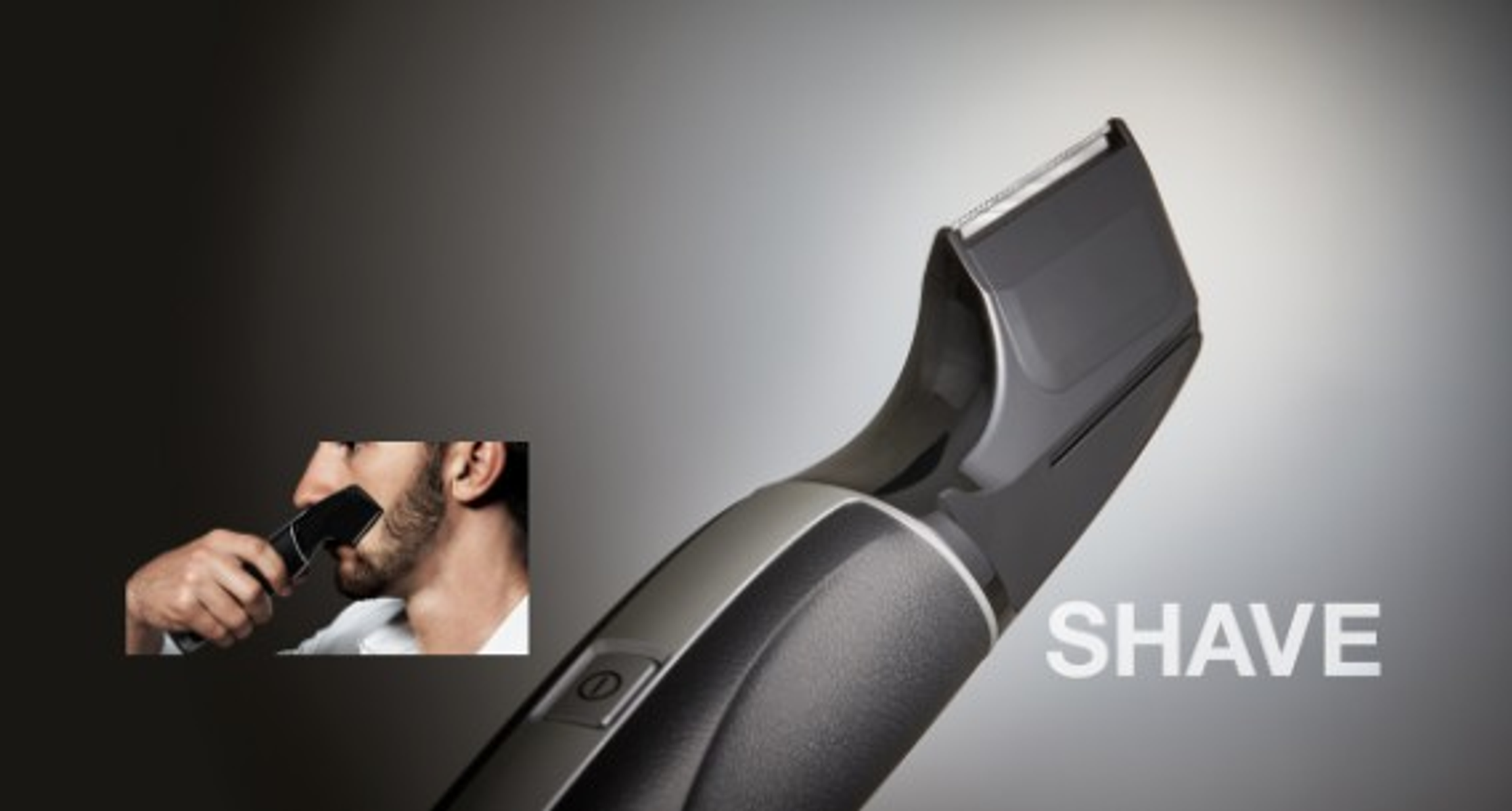 Golarka elektryczna ze słowem 'SHAVE'. Mały obrazek pokazuje mężczyznę golącego się.