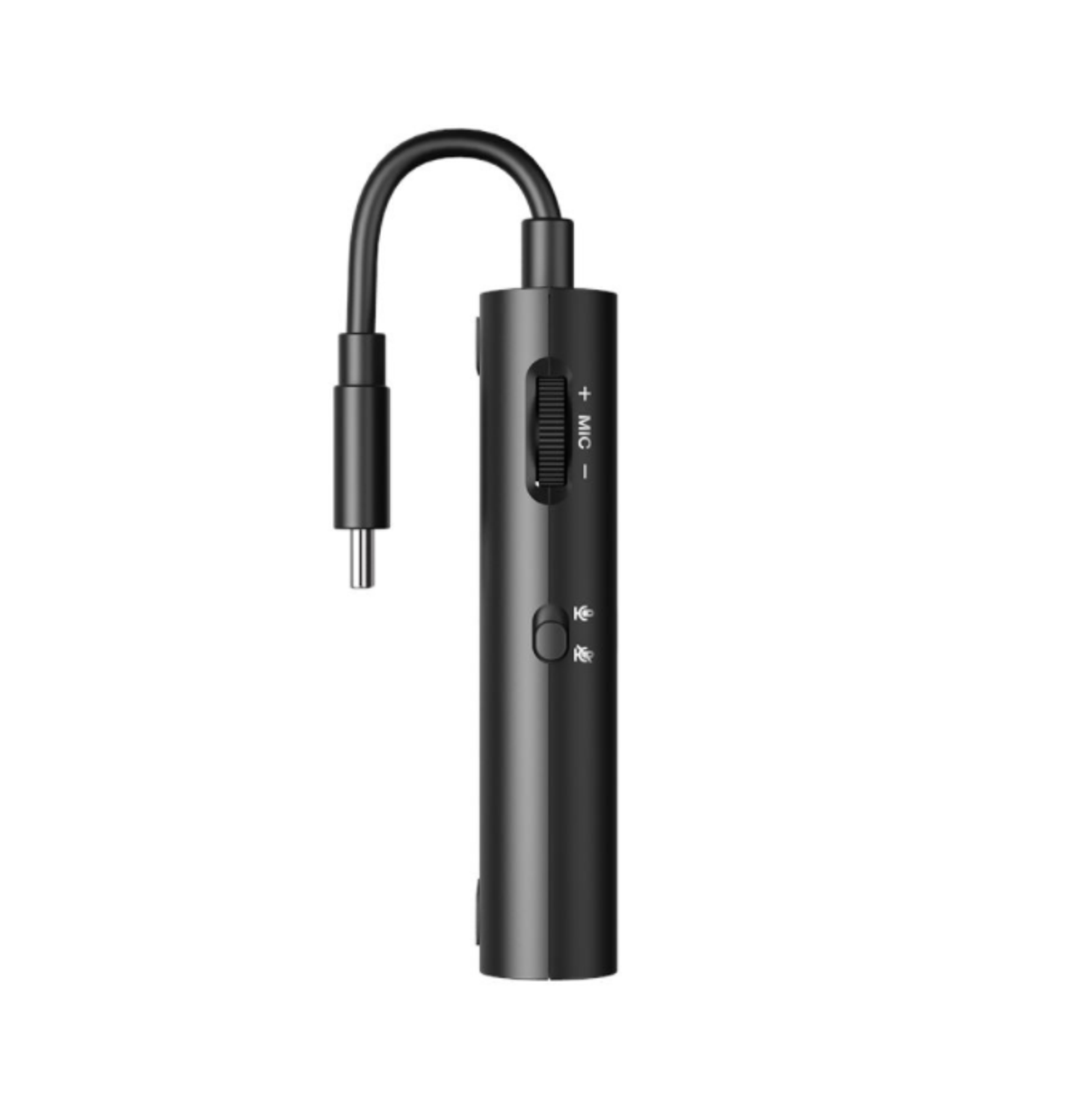 Czarny adapter audio USB-C z regulacją głośności i dwoma przyciskami, z czarnym kablem.