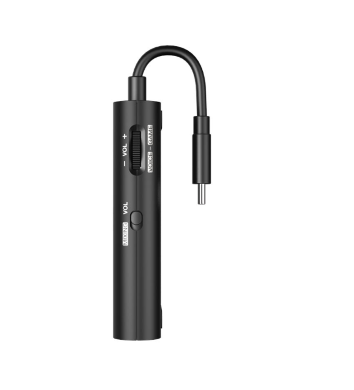 Czarny adapter audio z regulacją głośności i złączem USB-C. Ma przycisk miksowania i gry głosowej.