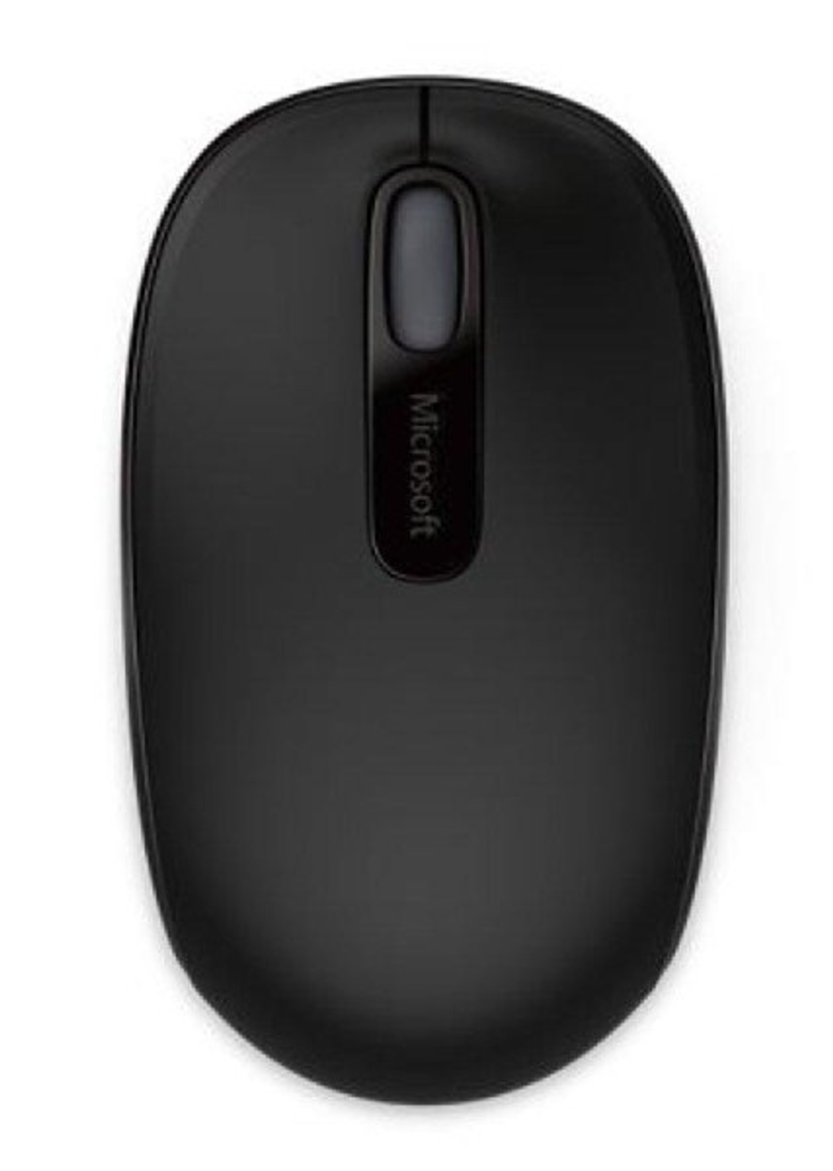 Schwarze Microsoft-Maus. Sie hat ein Scrollrad und das Microsoft-Logo oben.