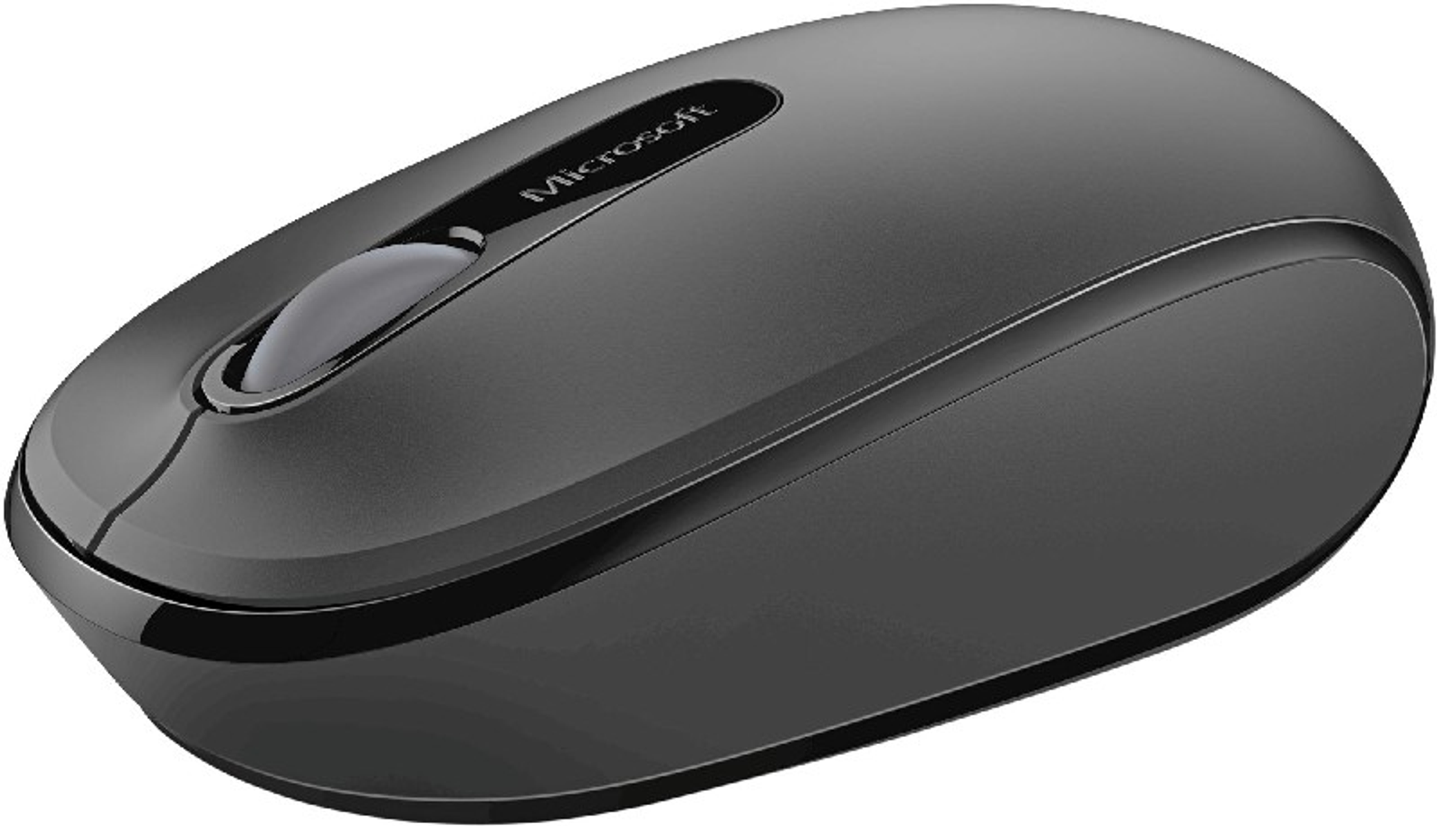 Dunkelgraue kabellose Microsoft-Maus mit Scrollrad, Draufsicht.