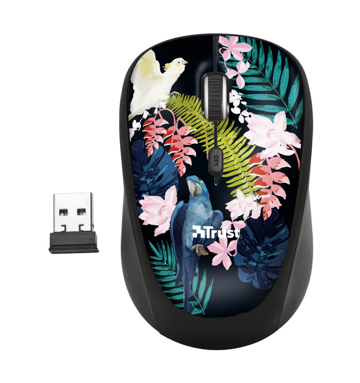 Myszka w kwiaty z papugami i liśćmi. Odbiornik USB po lewej.