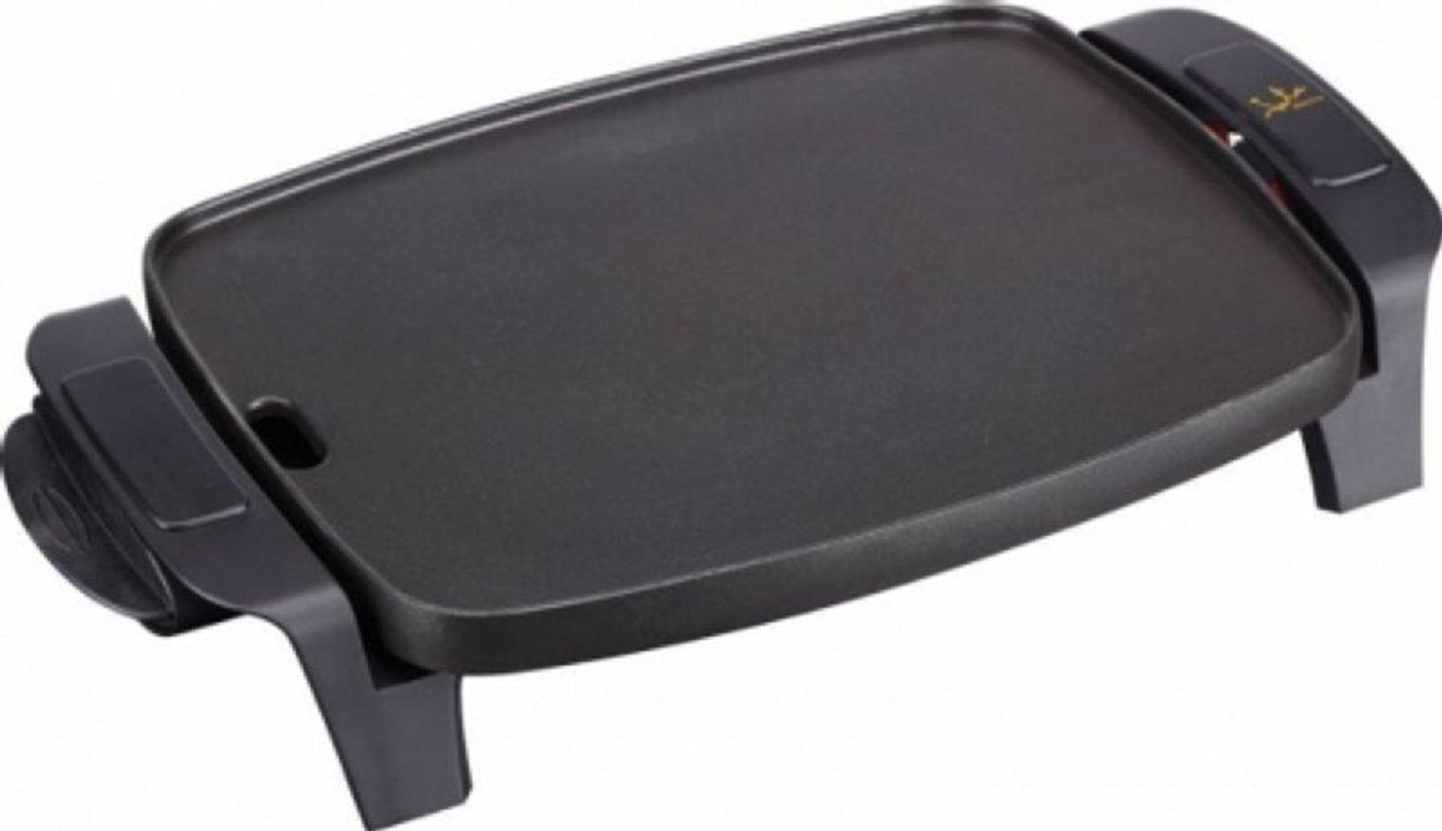 Schwarze elektrische Grillplatte mit Griff und Beinen. Weißer Hintergrund.