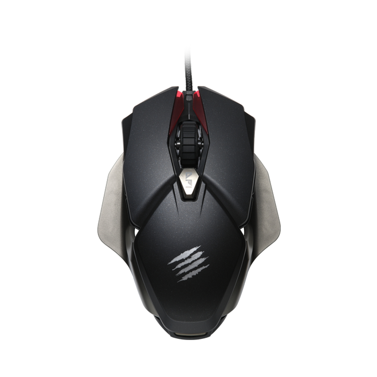 Schwarze Gaming-Maus mit roten Akzenten und einzigartigem Design.
