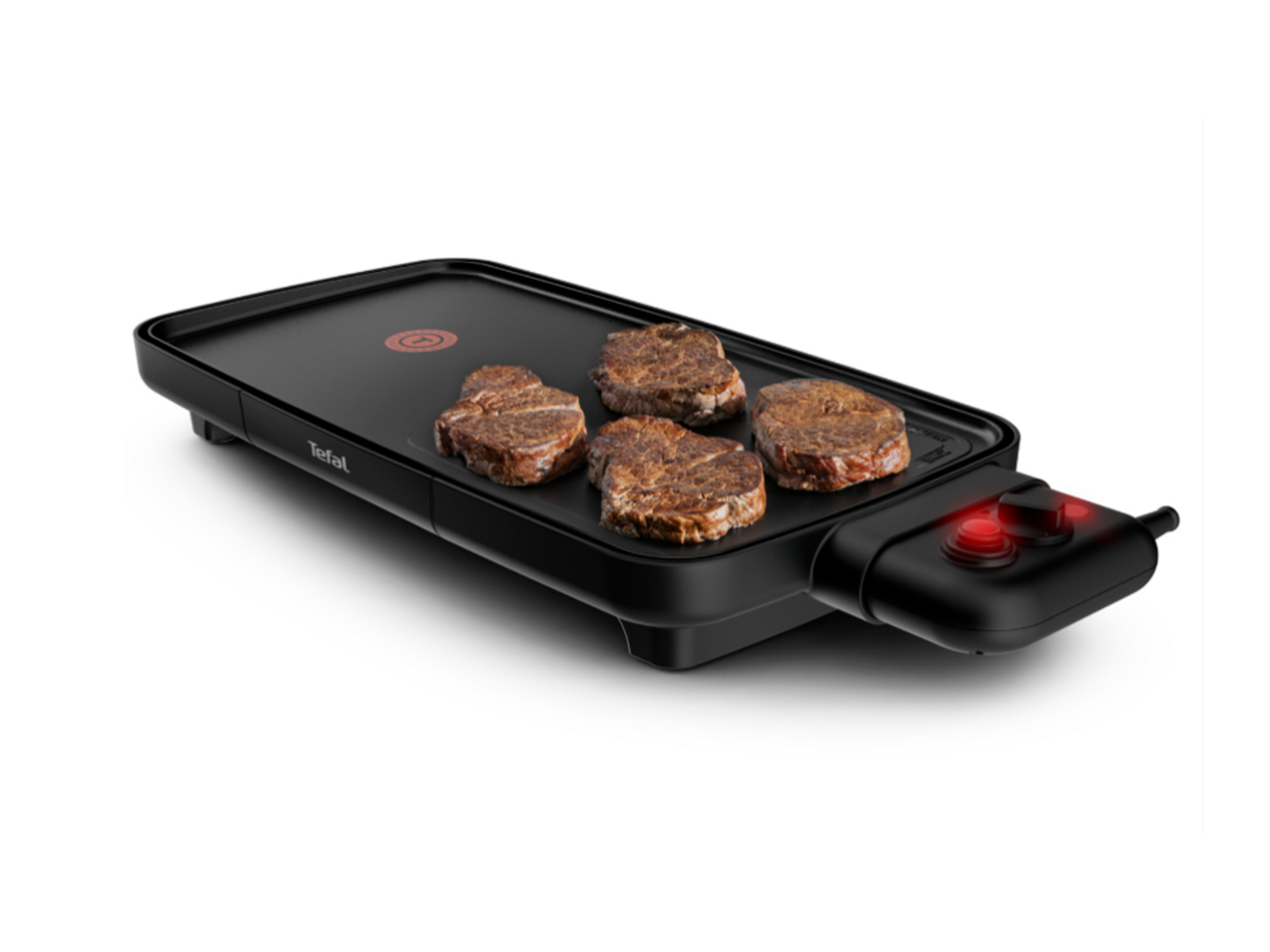Parrilla negra con cuatro filetes cocidos. Botones rojos de encendido. Logotipo Tefal.