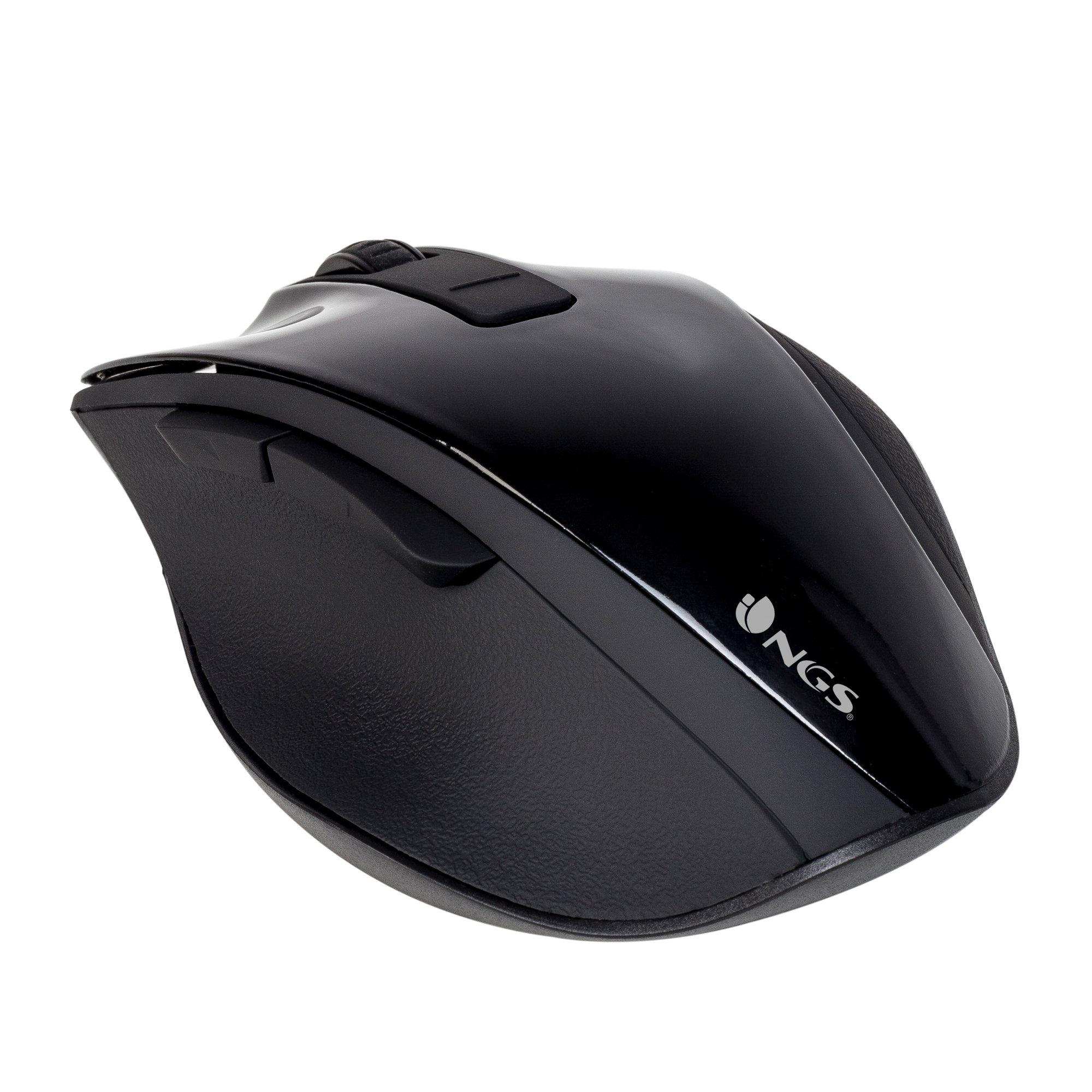 Eine schwarze NGS-Maus mit glänzender Oberfläche, Seitentasten und dem NGS-Logo.