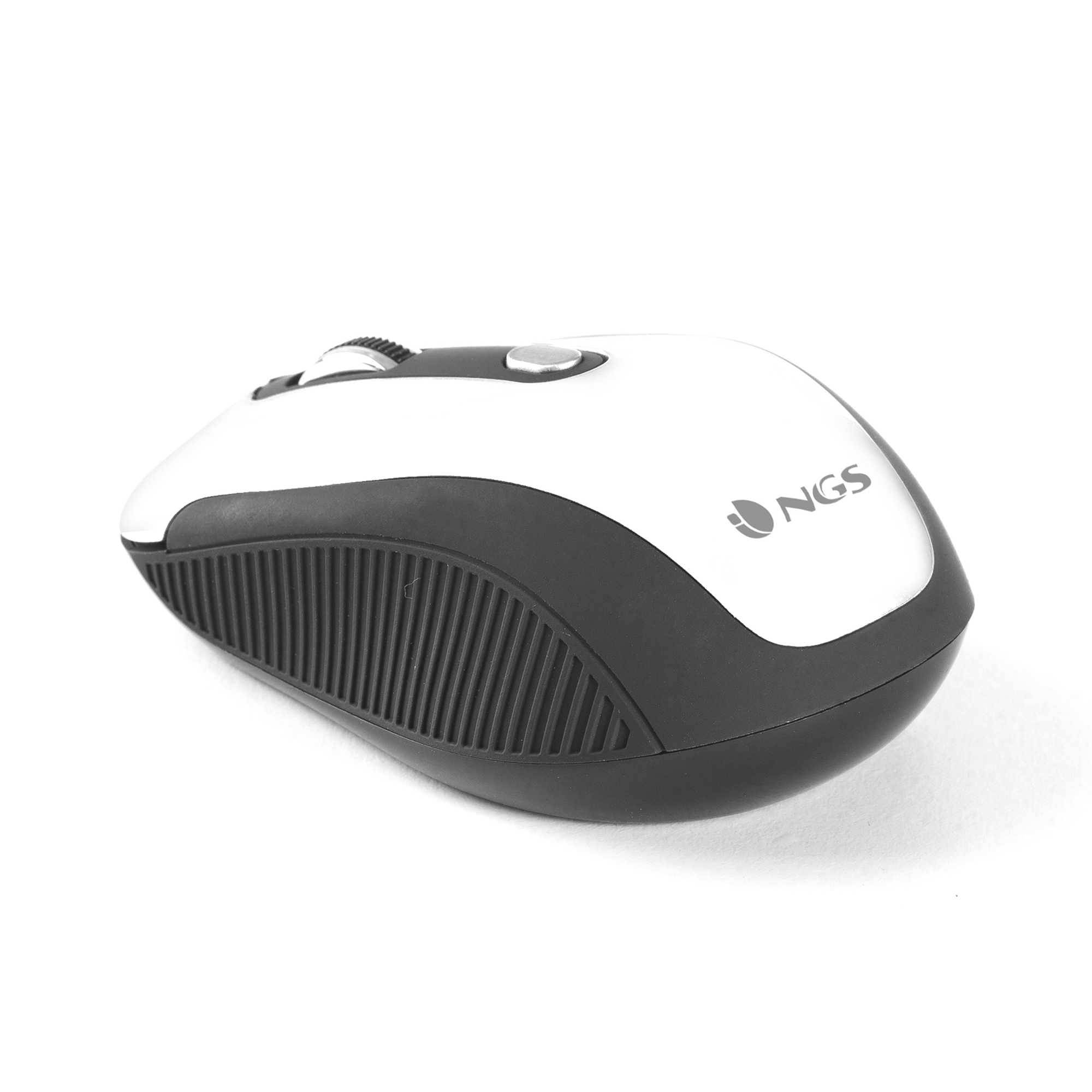 Eine weiß-schwarze Computermaus auf weißem Hintergrund. Es ist eine NGS-Maus.