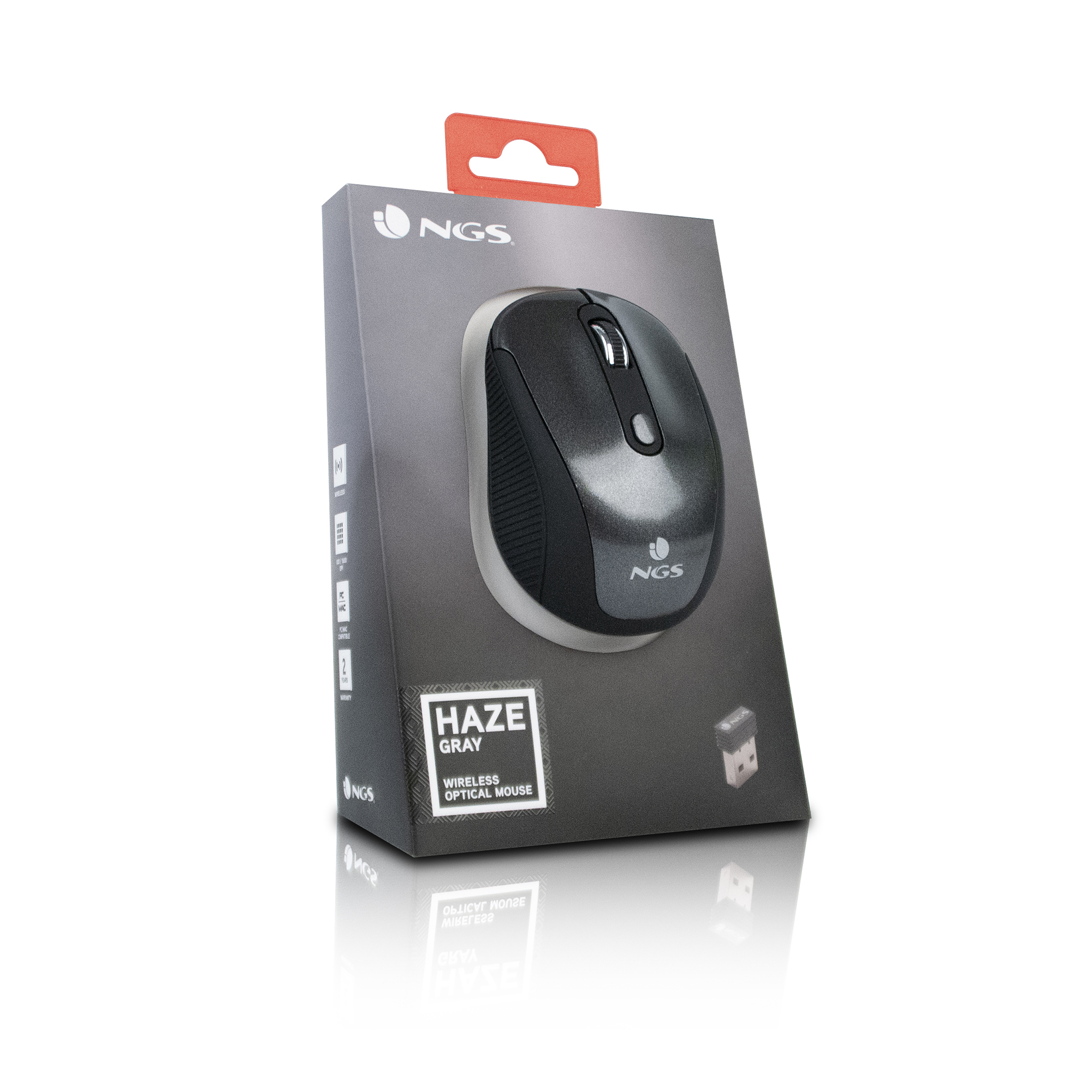 NGS draadloze muis in een doos. Muis grijs, doos grijs en zwart. Label zegt 'Haze Gray'.