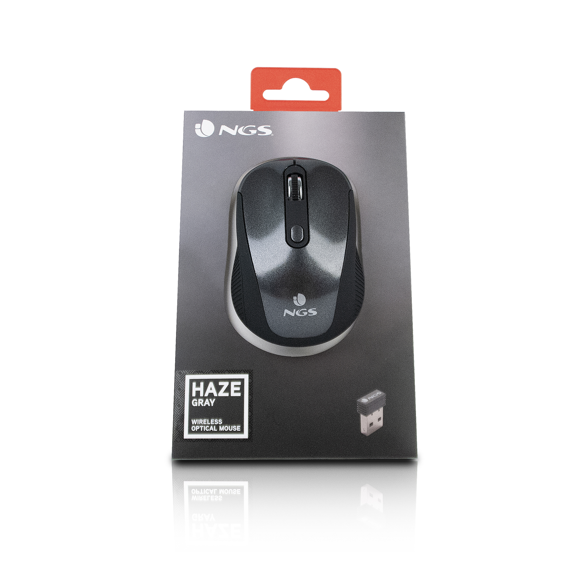 NGS grijze draadloze muis in een zwarte doos met een zichtbare USB-ontvanger.