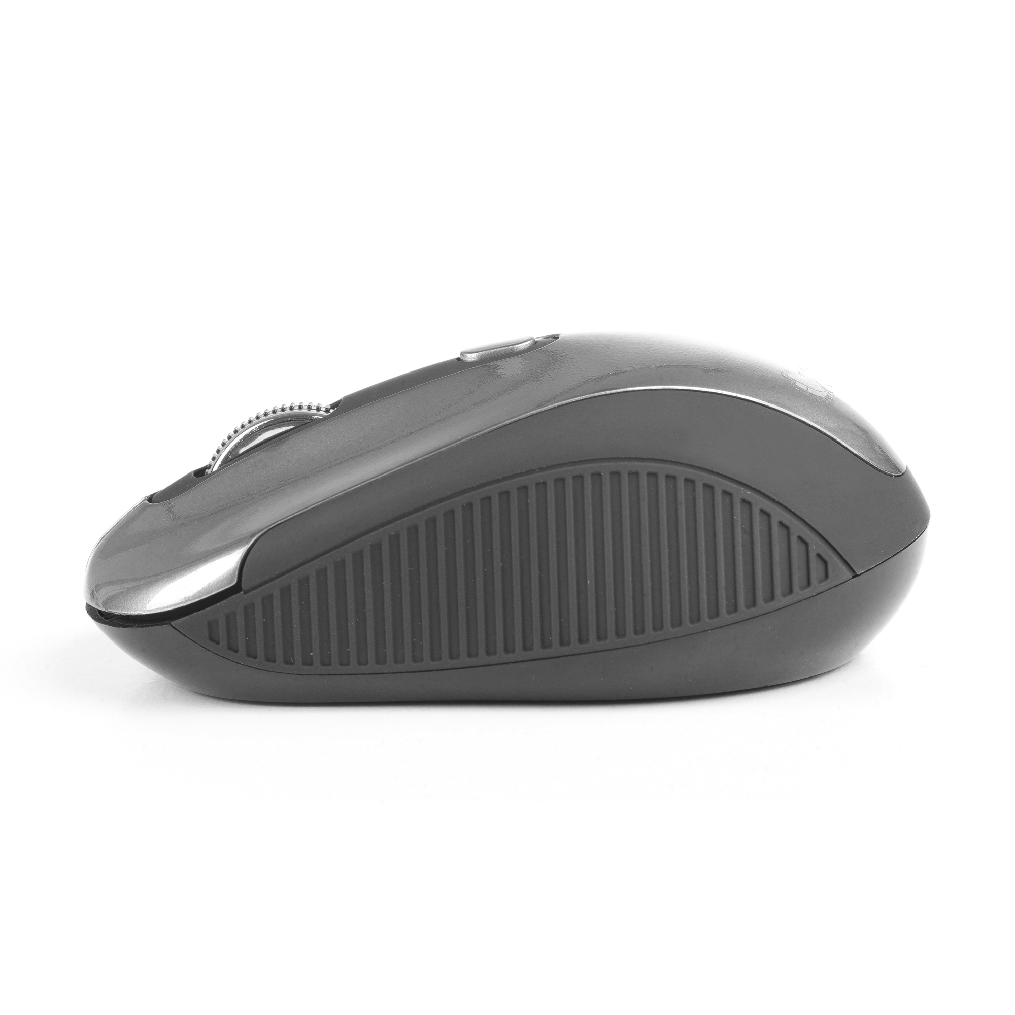 Grijze draadloze computermuis. Het heeft een scrollwiel en een getextureerde zijkant.