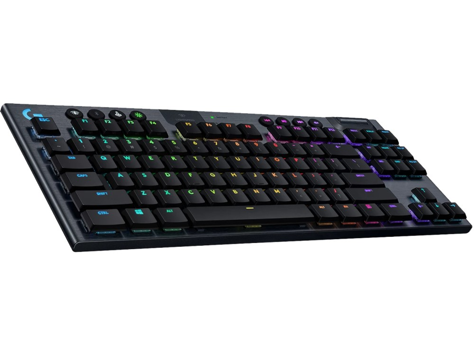 Teclado mecánico negro con iluminación RGB. Las teclas son negras, con varias teclas iluminadas.