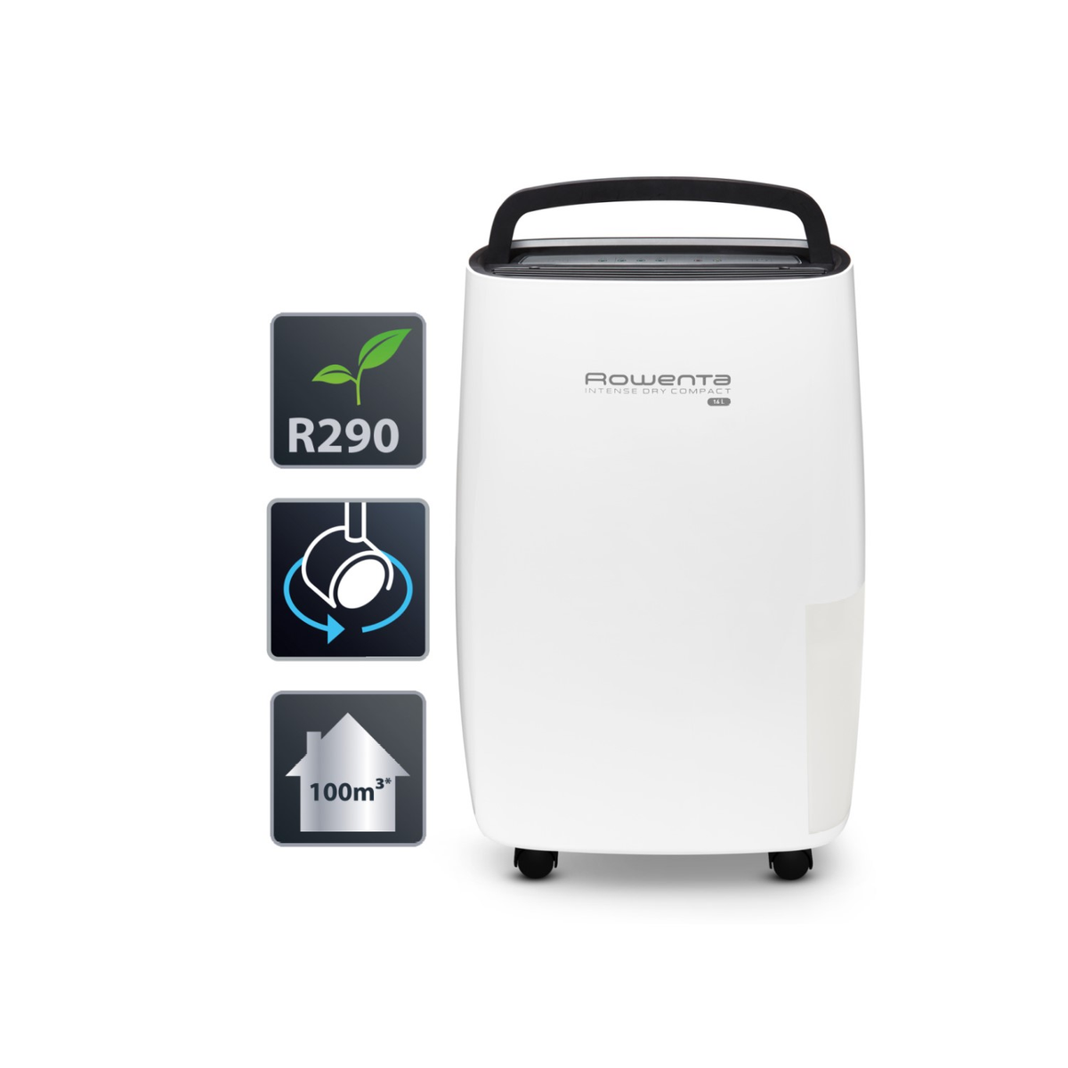 Deumidificatore bianco e nero con icone e testo.