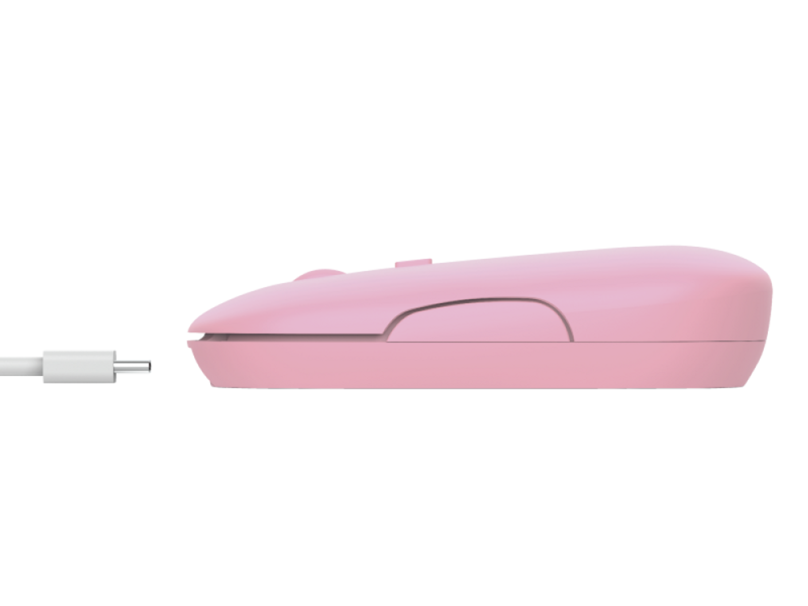 Roze draadloze muis met een oplaadpoort en een witte kabel. De zijkant van de muis is zichtbaar.