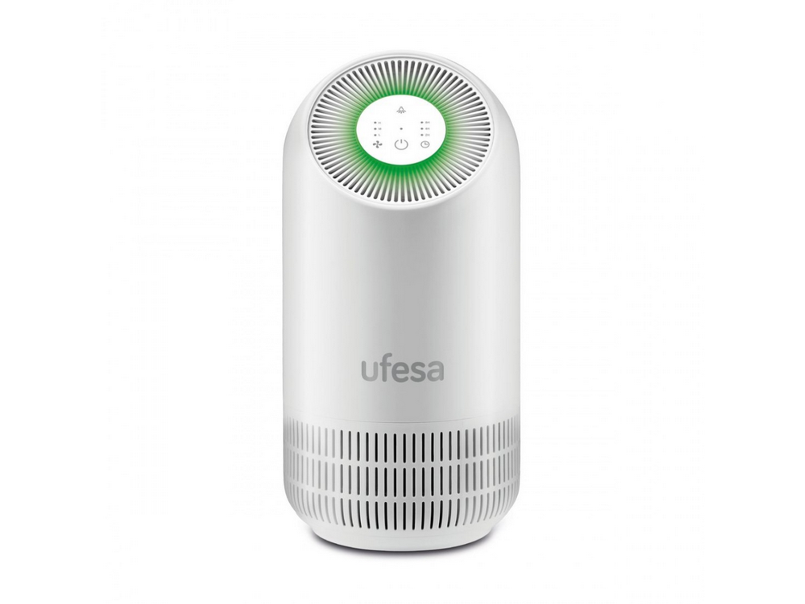 Purificador de aire Ufesa blanco, cilíndrico con parte superior verde. Rejilla abajo, panel arriba.