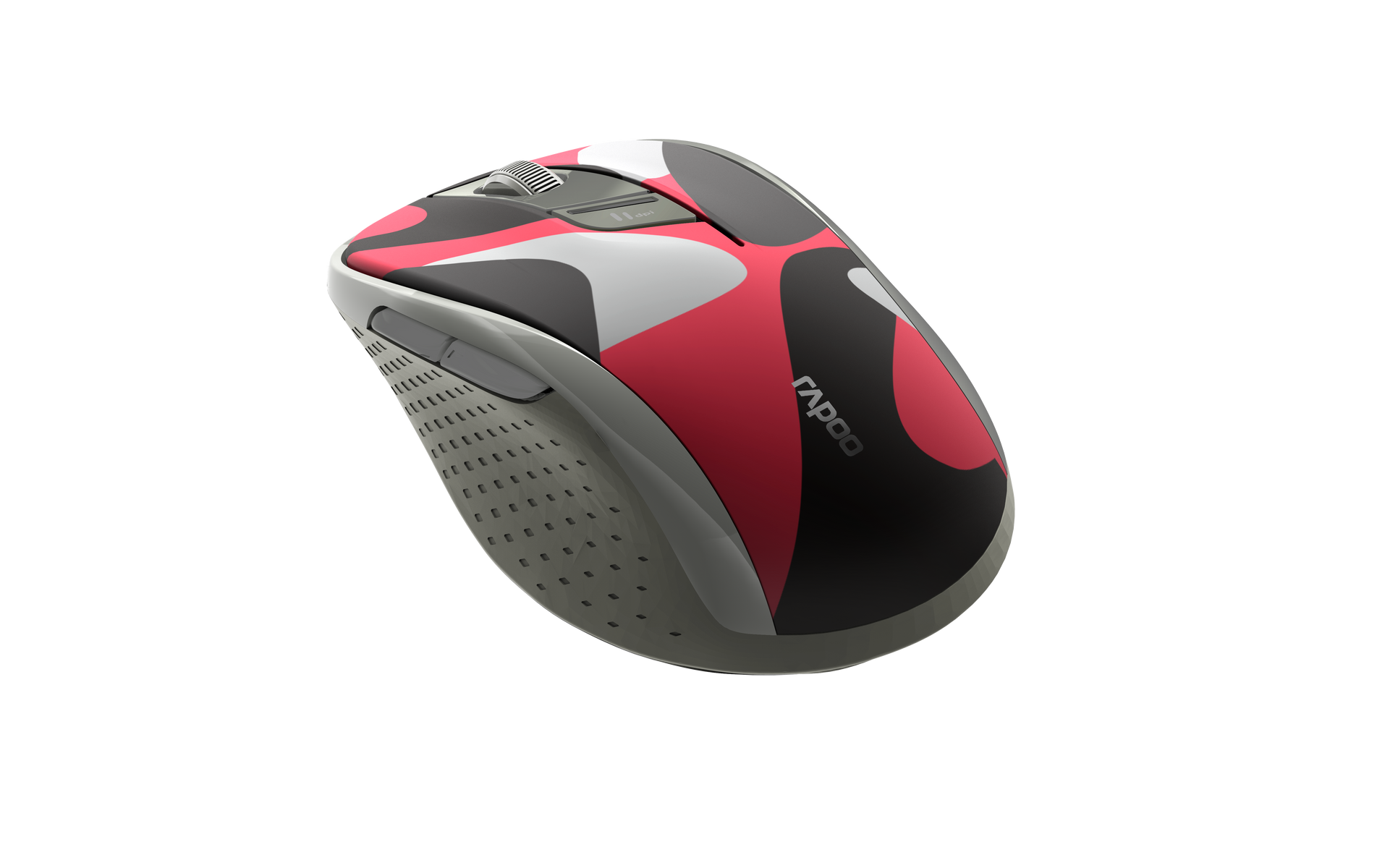 Mysz komputerowa z kolorowym wzorem moro. Ma kolory czarny, czerwony, biały i szary. Czarne tło.