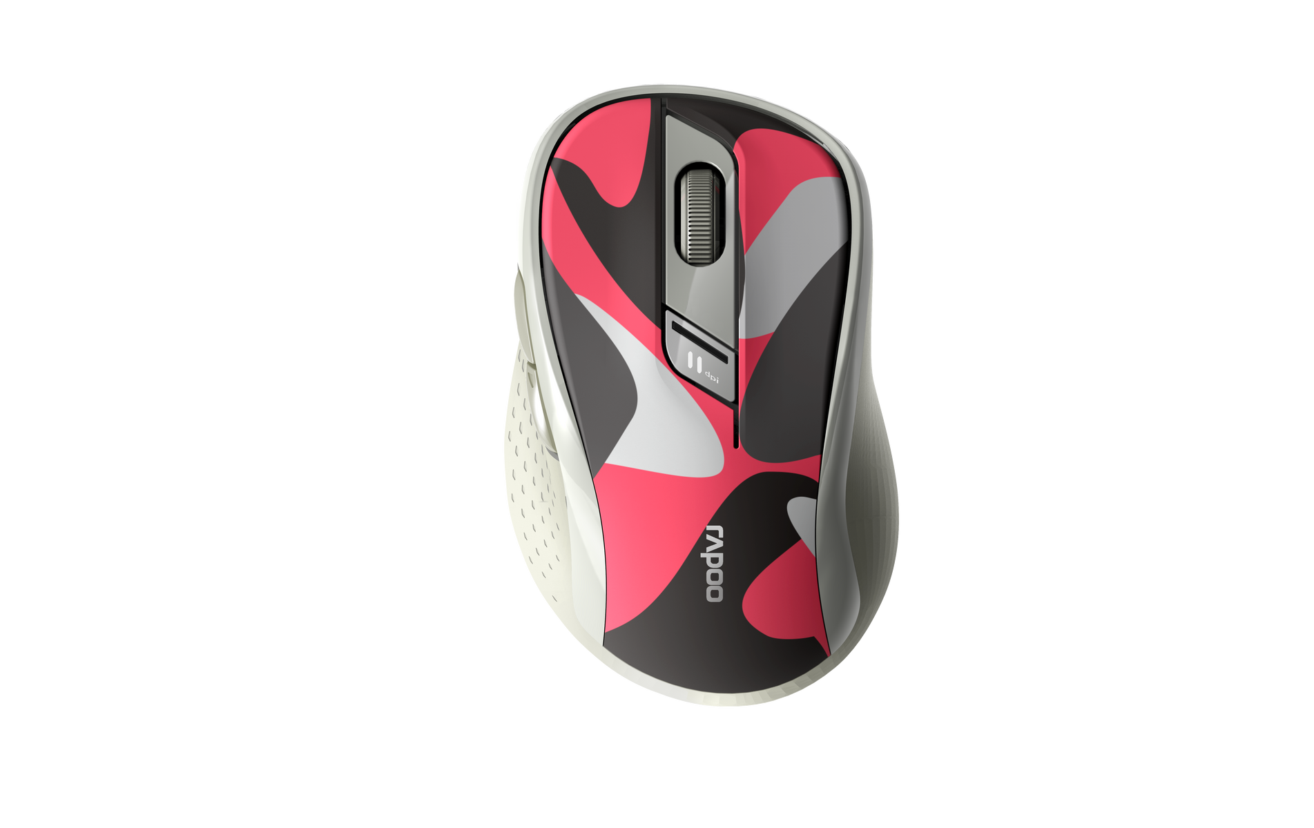 Czarno-biała mysz o unikalnym designie. Różowe i szare wzory na górze. Czarne tło.