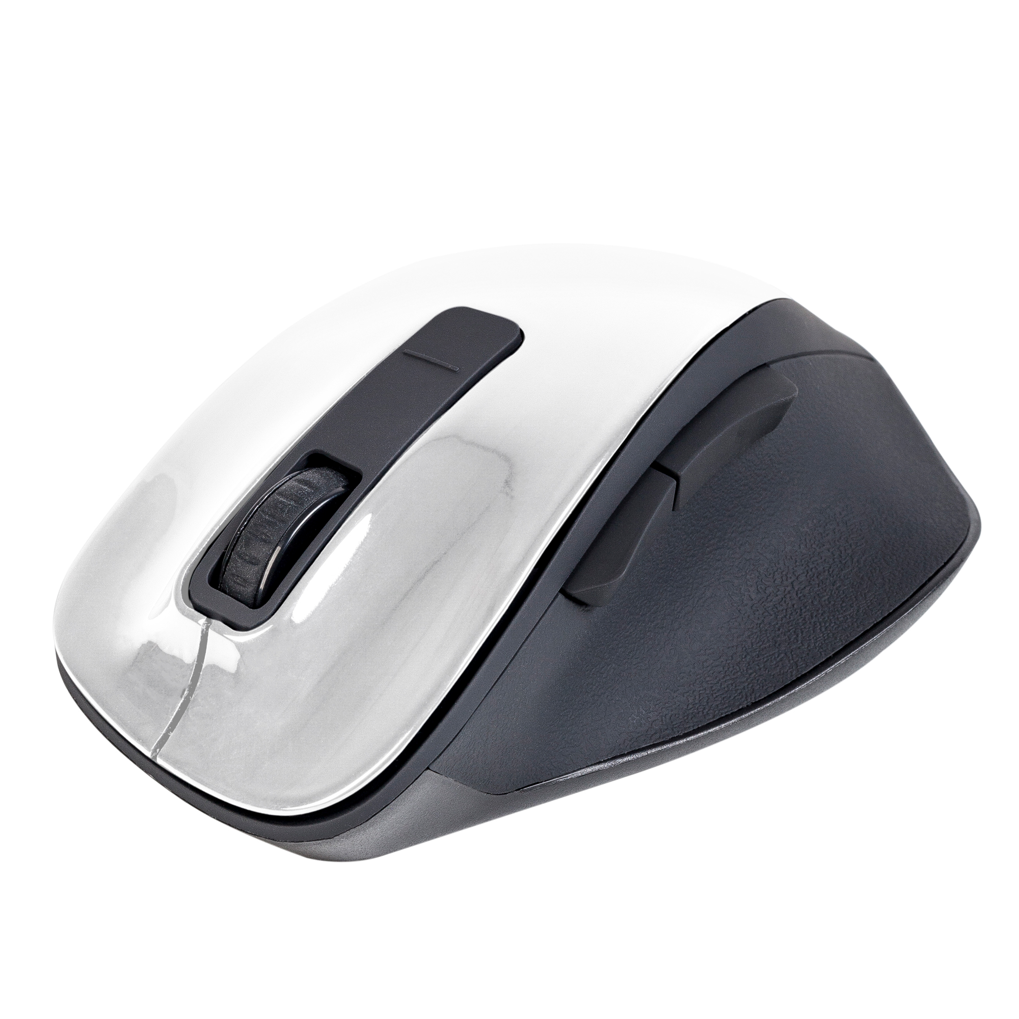 Un ratón de computadora blanco y negro. Tiene una rueda de desplazamiento y dos botones.