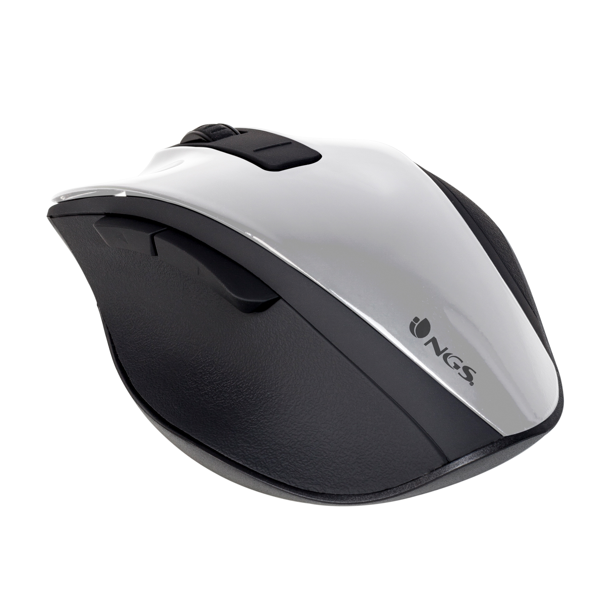 Un ratón de computadora plateado y negro con el logotipo 'NGS'. Tiene una rueda de desplazamiento y botones.