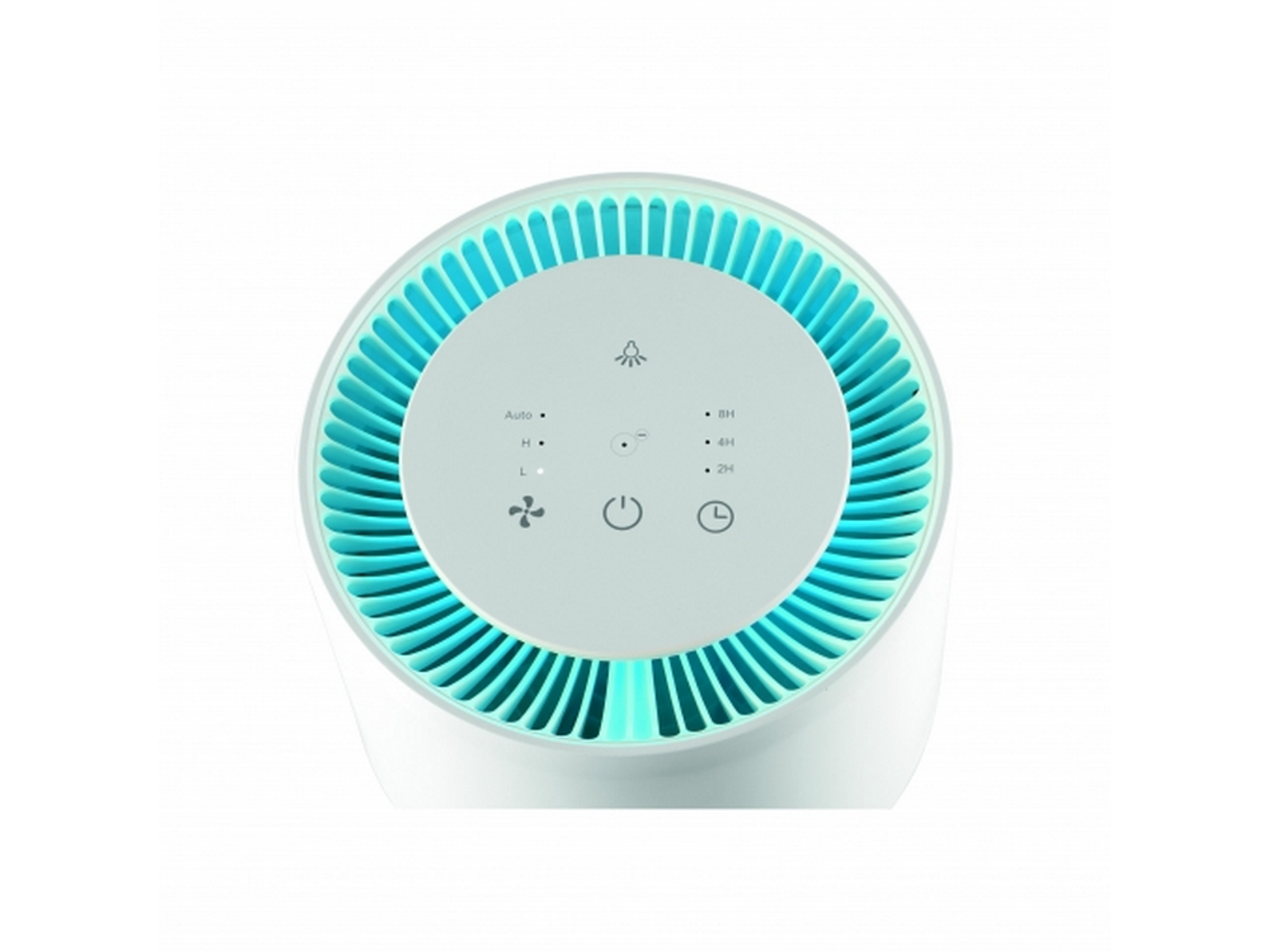Purificador de aire blanco con panel de control y anillo de luz azul en la parte superior.