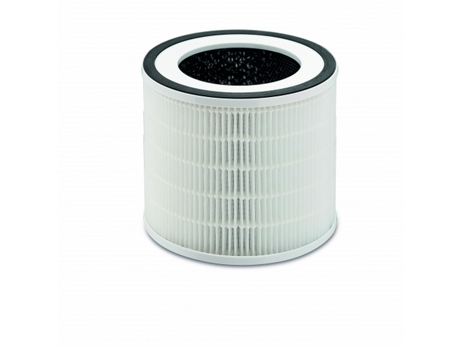 Filtro de aire blanco con bordes negros. El filtro es cilíndrico con superficie blanca.