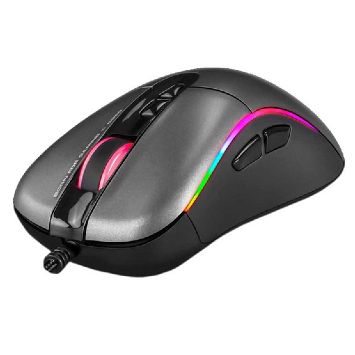Souris gaming avec éclairage RGB, noir et gris, avec un câble tressé, sur fond blanc.