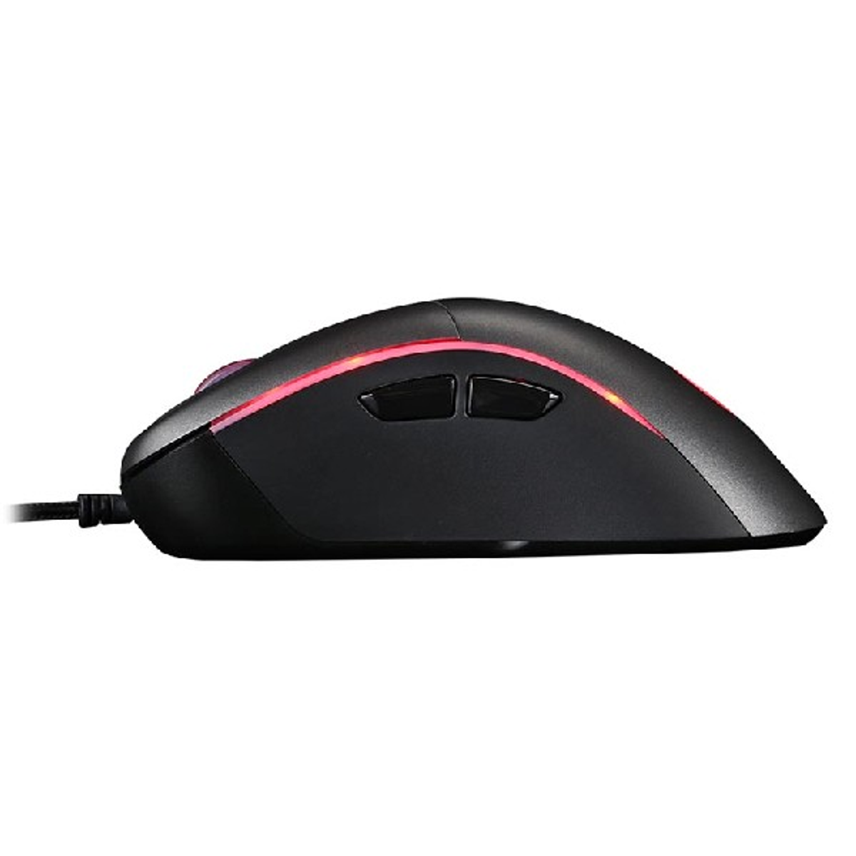 Souris de jeu noire avec des accents de lumière rouge.