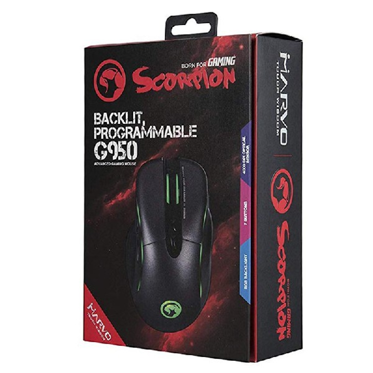 Souris gaming dans une boîte. Souris noire, boîte rouge et noire avec nom de marque et détails.