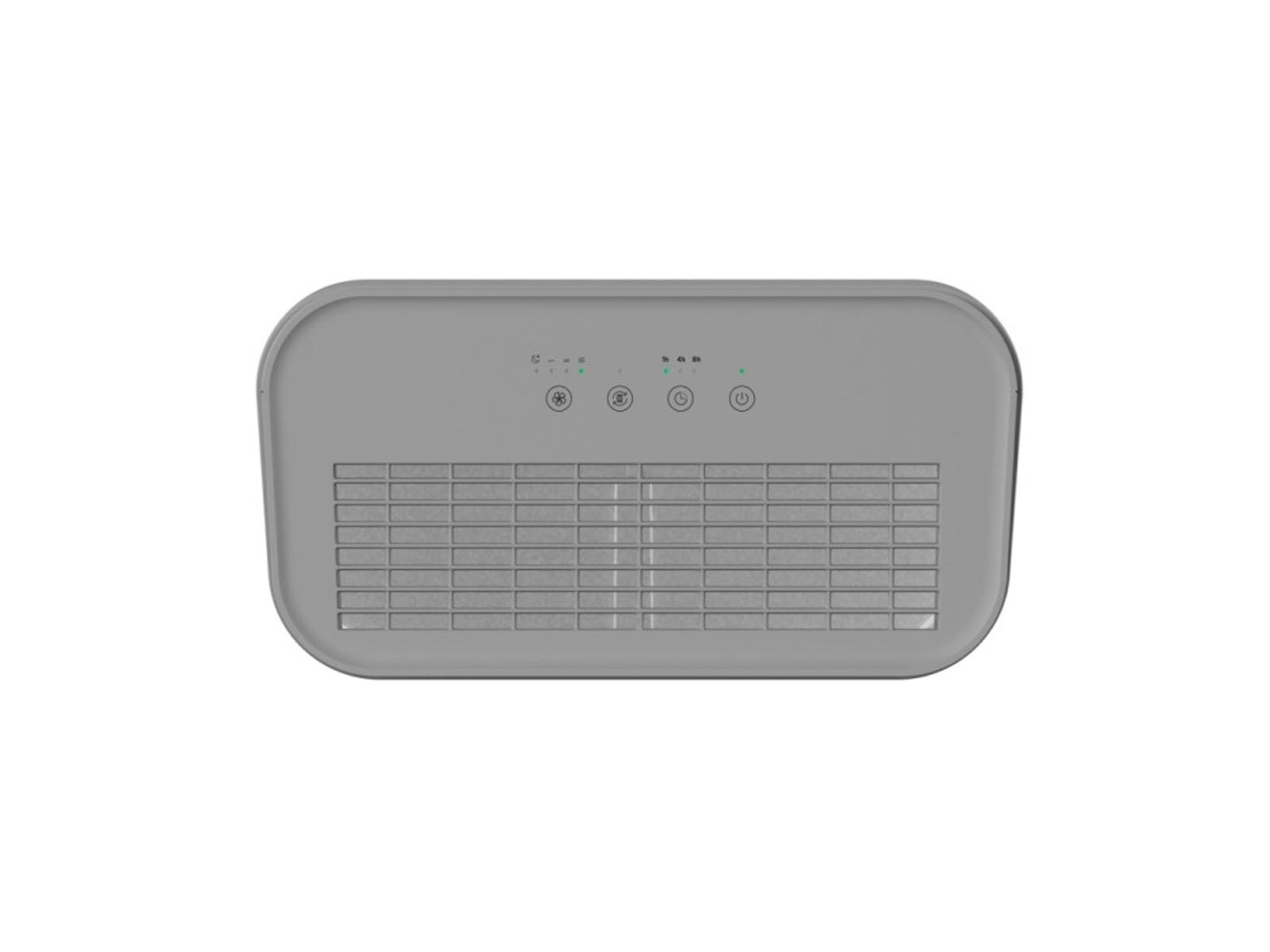 Purificador de aire gris, vista superior. Tiene botones de control y ranuras de ventilación.