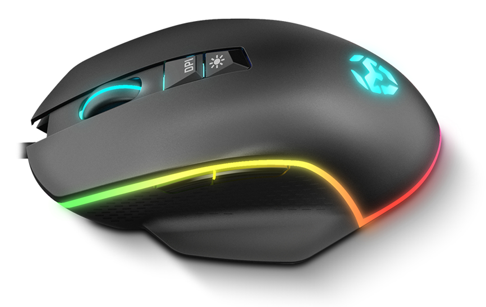 Zwarte gamingmuis met gekleurde LED-verlichting en knoppen op een witte achtergrond.