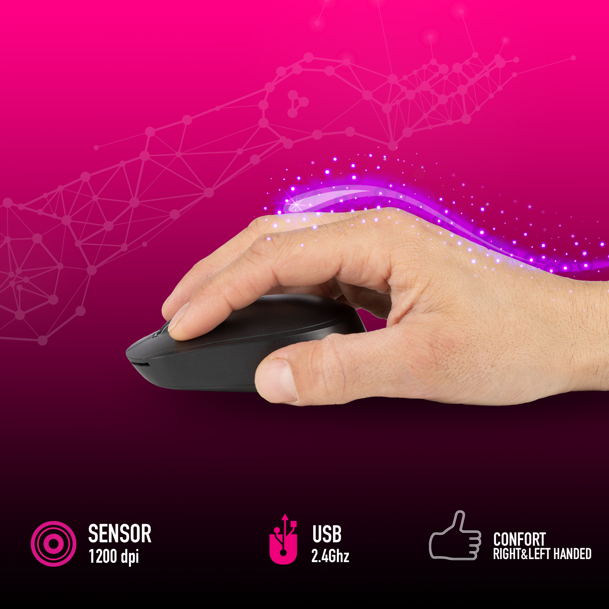 Czarna mysz komputerowa z ręką nad nią. Różowe tło z projektem sieci.
