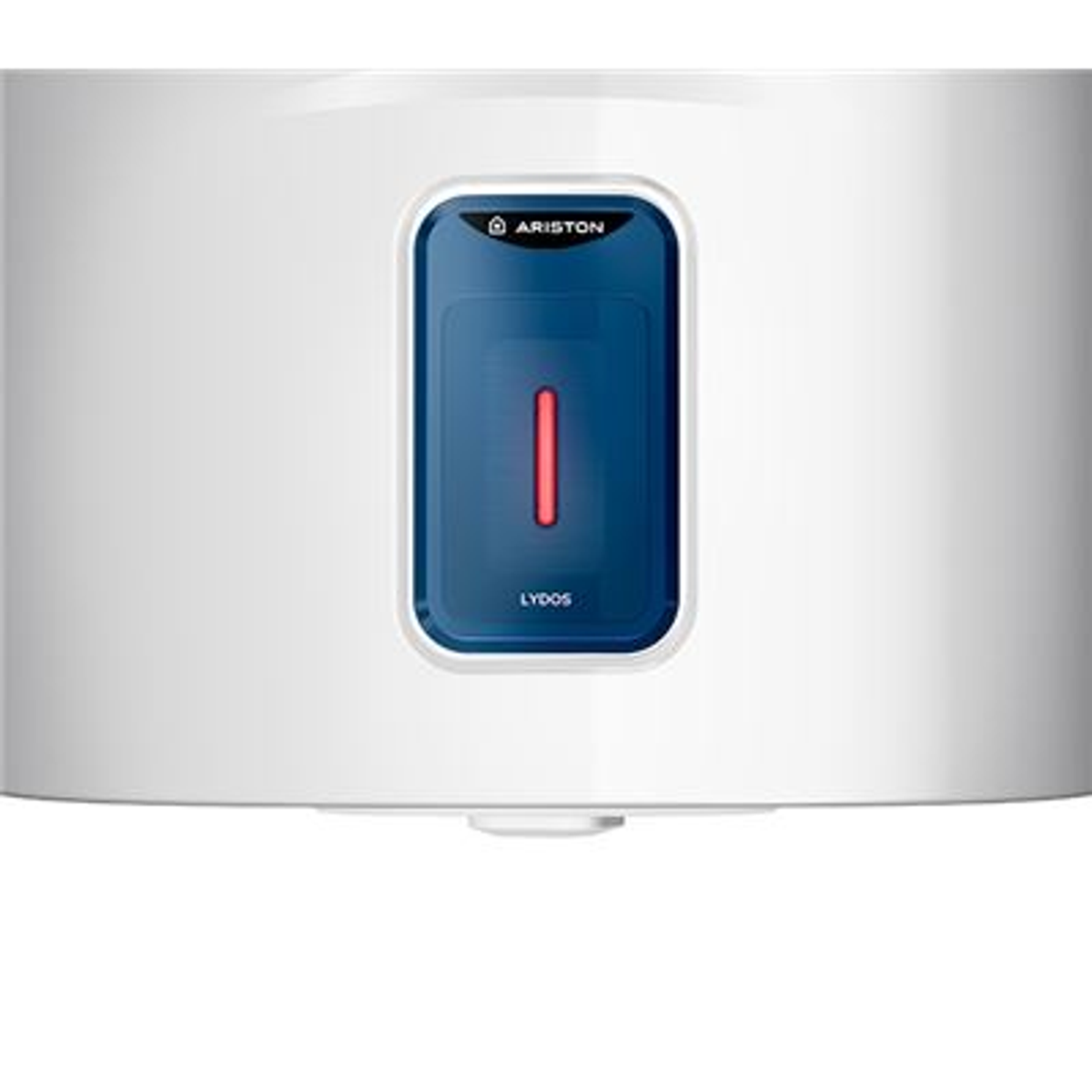 Calentador de agua blanco con panel de control azul y un indicador de luz roja.