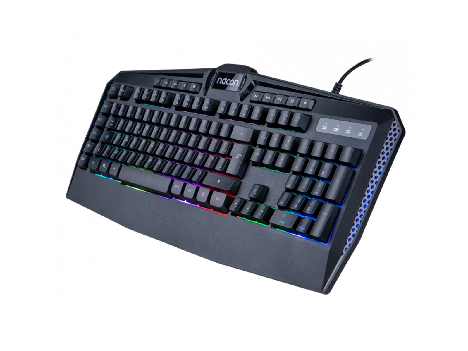 Teclado gaming negro con teclas retroiluminadas. Logo Nacon visible.