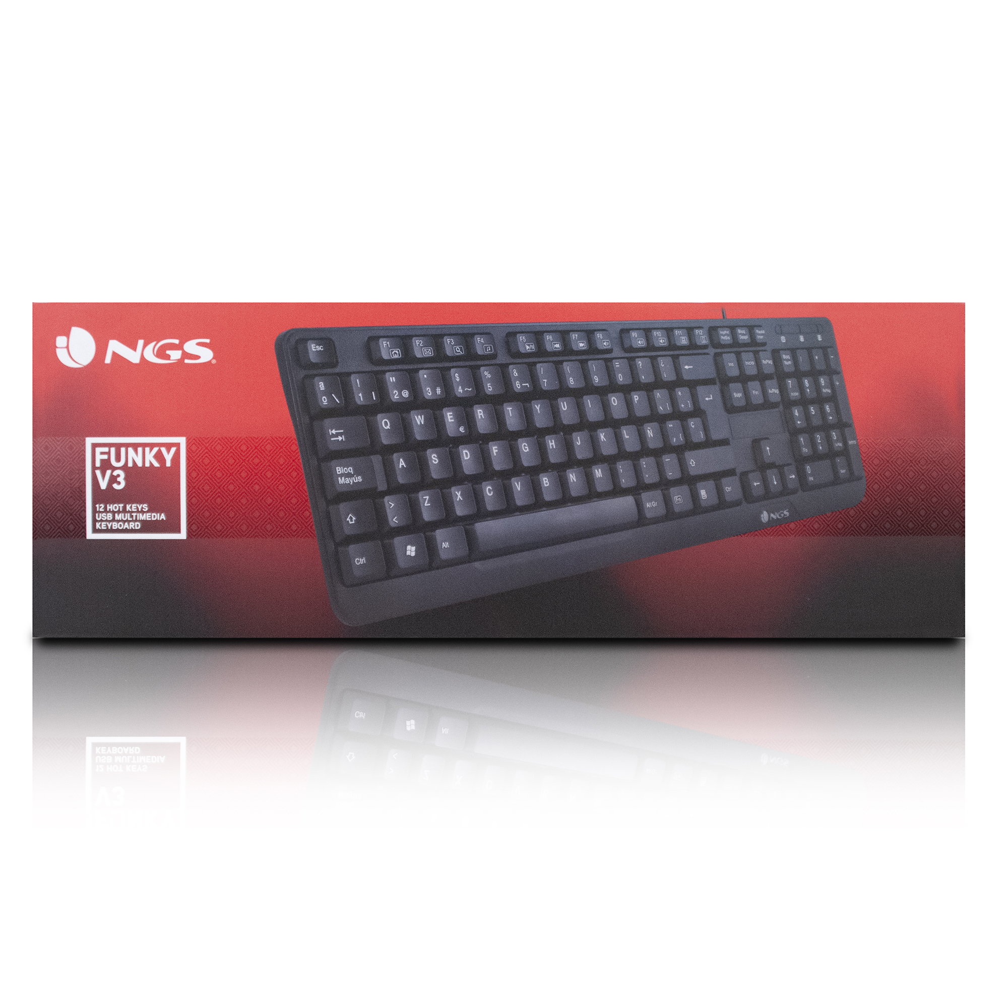 Schwarze Tastatur in einer Box. Die Box hat den Markennamen NGS und den Modellnamen der Tastatur.