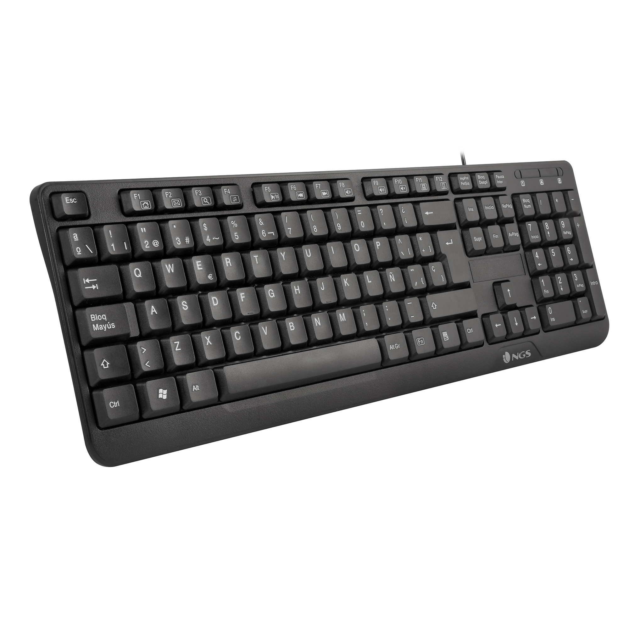 Schwarze Tastatur mit Tasten und Zeichen. Weißer Hintergrund.