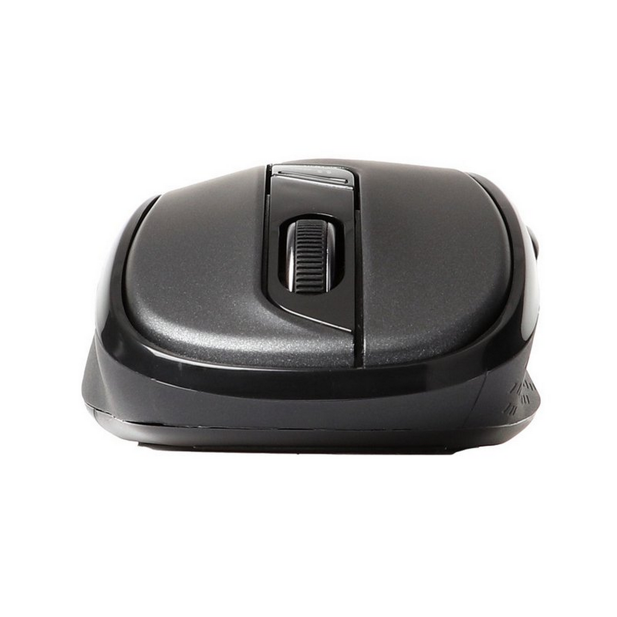 Czarna mysz komputerowa. Ma kółko przewijania i zakrzywiony kształt.