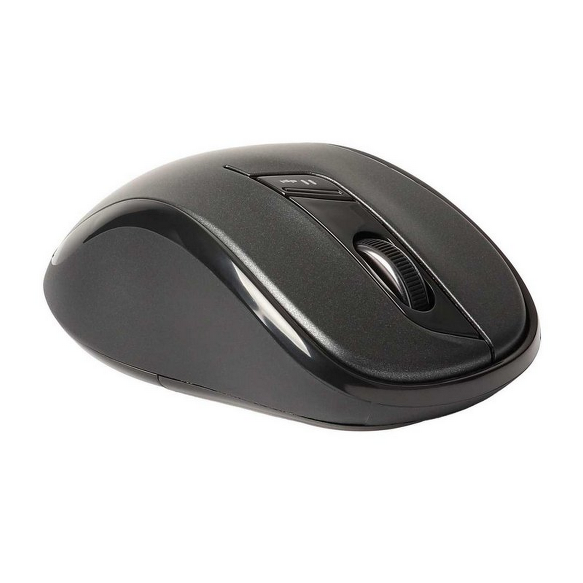 Ciemnoszara mysz, widok z boku. Posiada przyciski, rolkę i gładką powierzchnię.