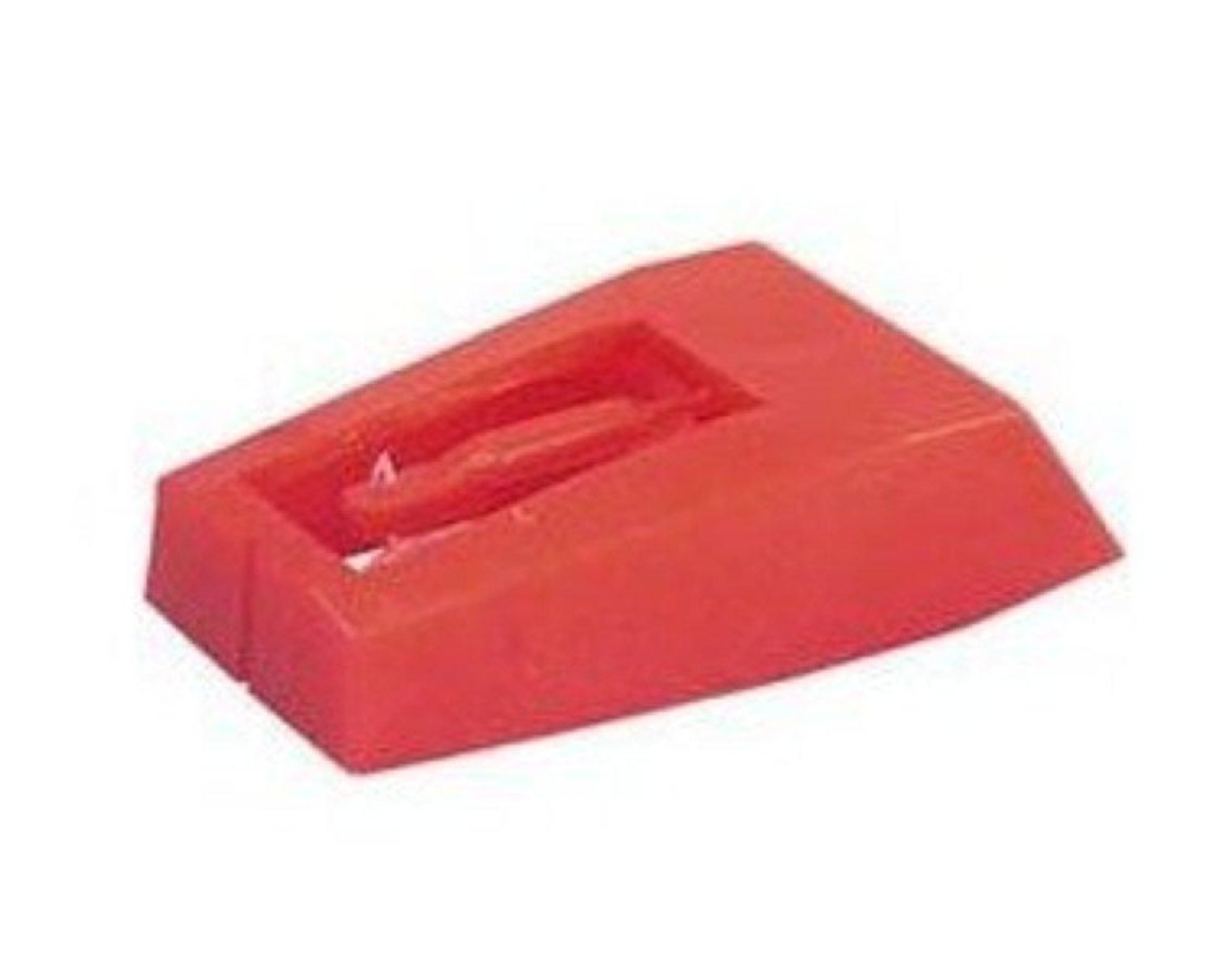 Un soporte de lápiz de plástico rojo, rectangular con un área empotrada para el lápiz.