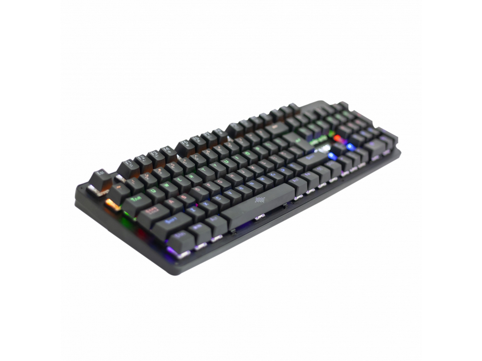 Teclado mecánico negro con teclas iluminadas. Las teclas tienen múltiples colores, fondo blanco.